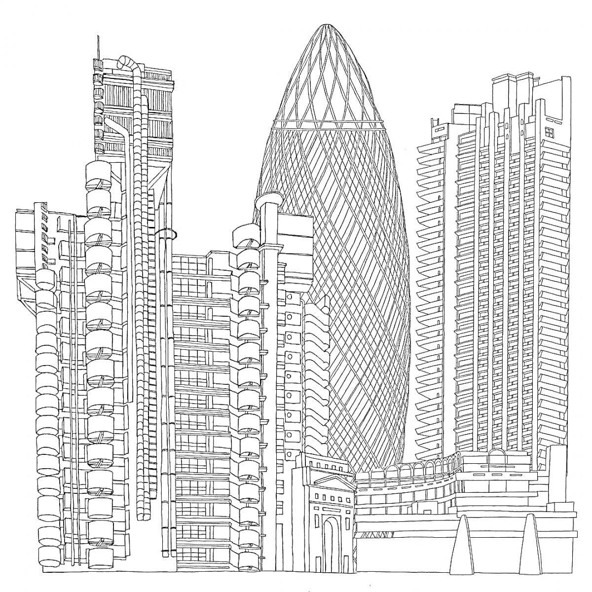 Раскраска Современные небоскребы: комплекс из шести высотных зданий с центральным овальным небоскребом, окруженным другими многоквартирными и офисными зданиями со сложными архитектурными элементами.