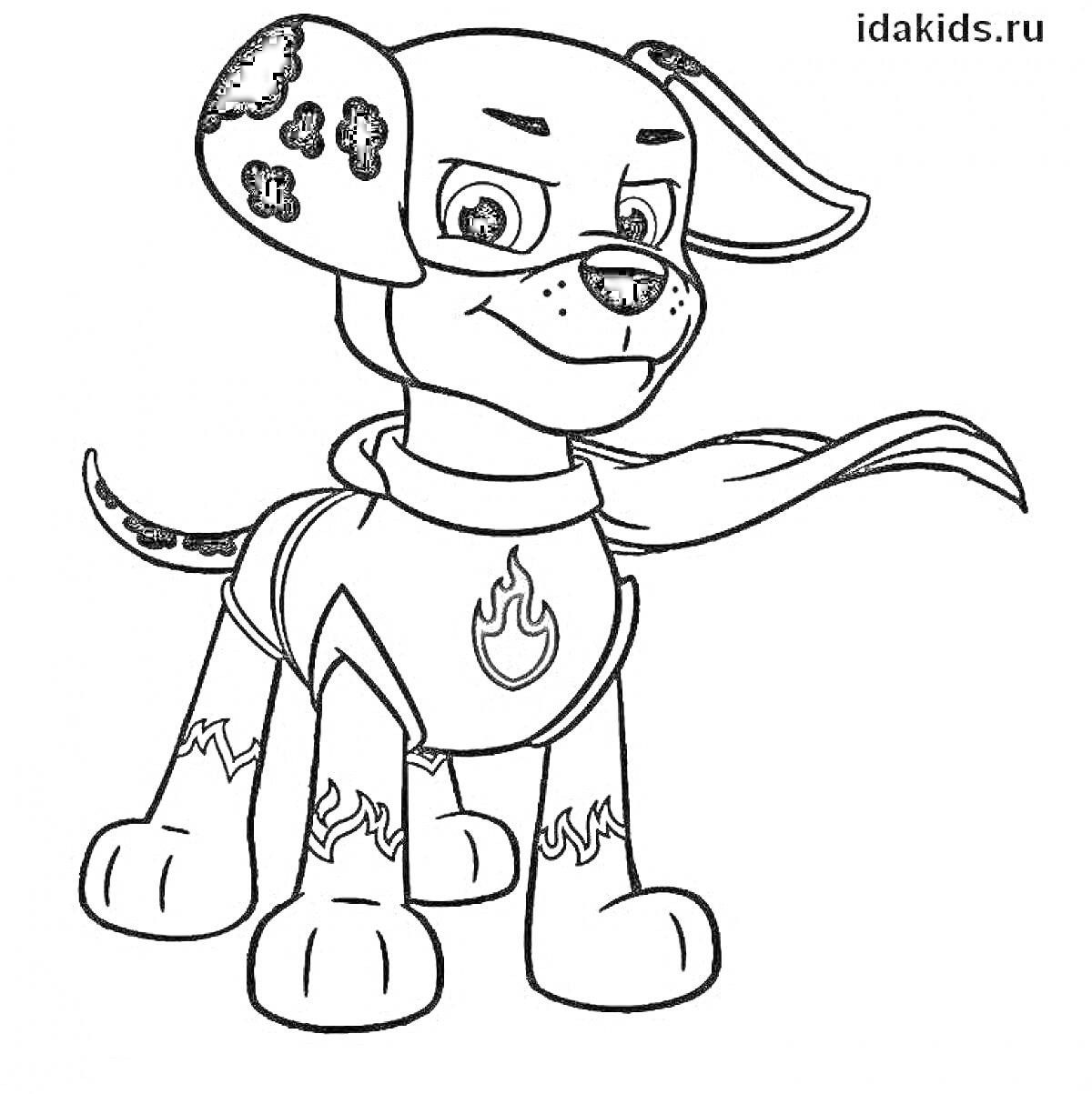 Раскраска щенок в маске с пламенным значком