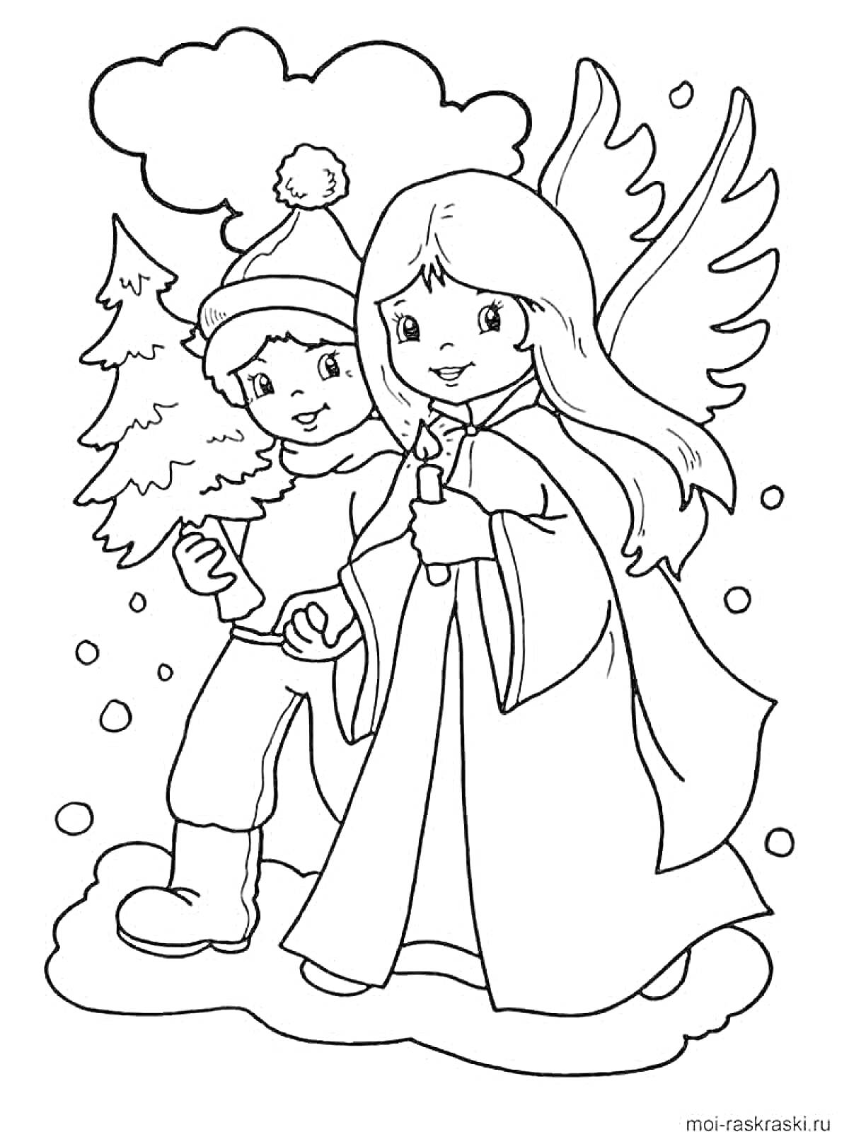 На раскраске изображено: Ангел, Ребёнок, Зима, Снег, Крылья, Шапка, Пальто, Елки