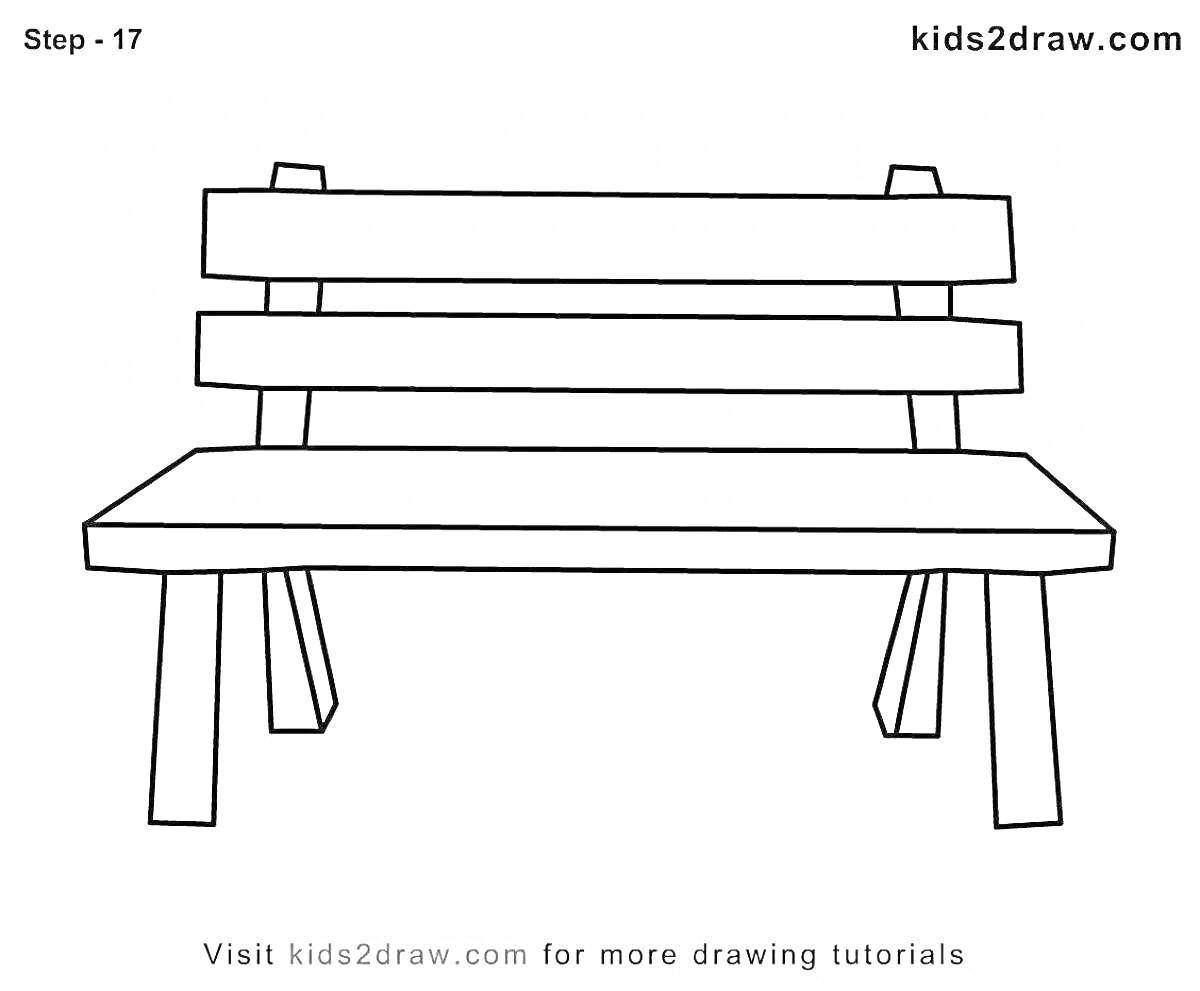 Раскраска Скамейка с тремя горизонтальными планками спинки и четырьмя ножками