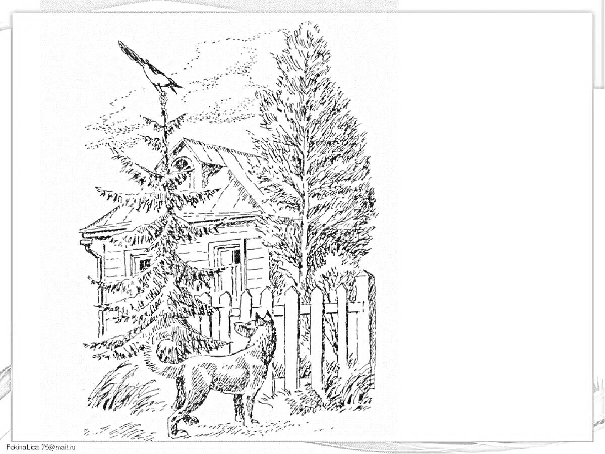 Раскраска Дом, кот, дерево, забор и птица