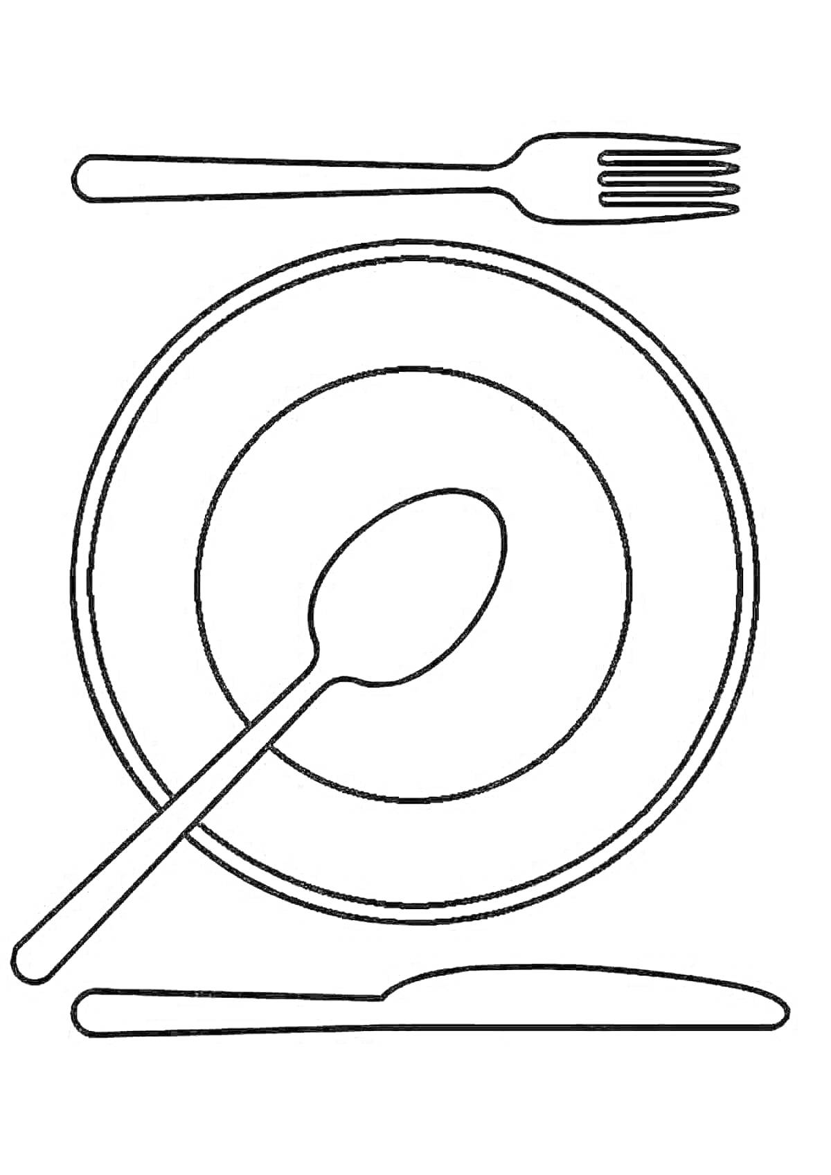 На раскраске изображено: Столовая посуда, Тарелка, Вилка, Нож, Ложка, Столовые приборы, Посуда, Кухня, Обеденный стол