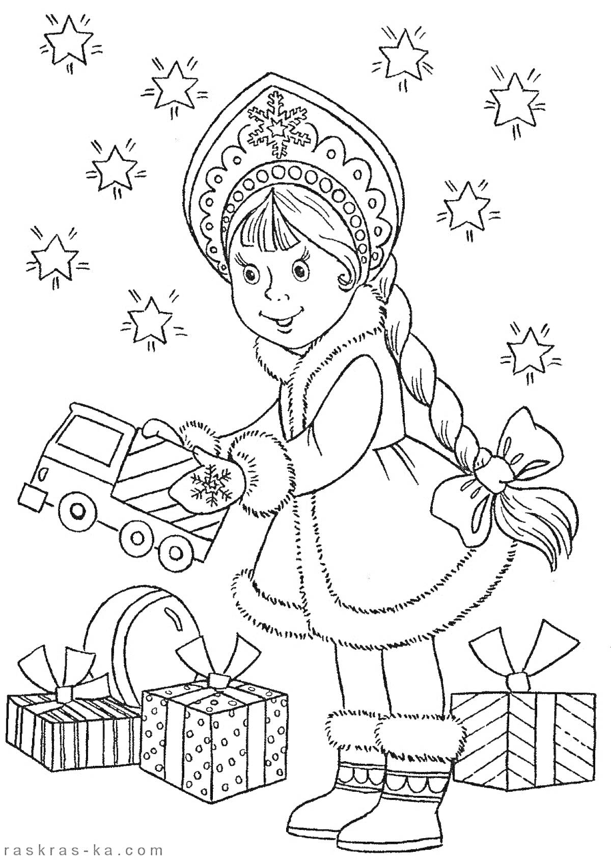 Раскраска Снегурочка с косой, в кокошнике и меховой шубке, с игрушечной машинкой и новогодними подарками под ёлкой