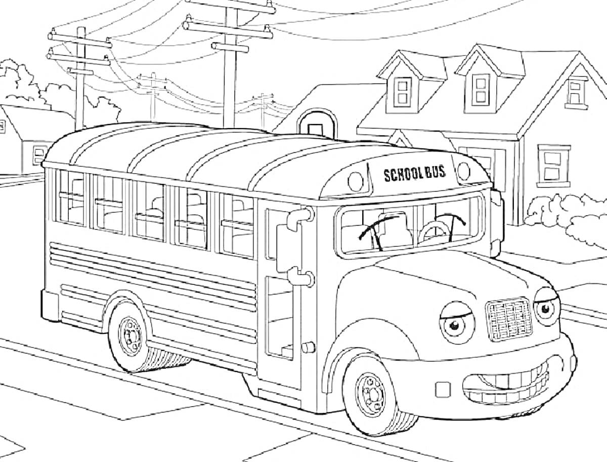 Раскраска школьный автобус на улице с домами и электрическими столбами
