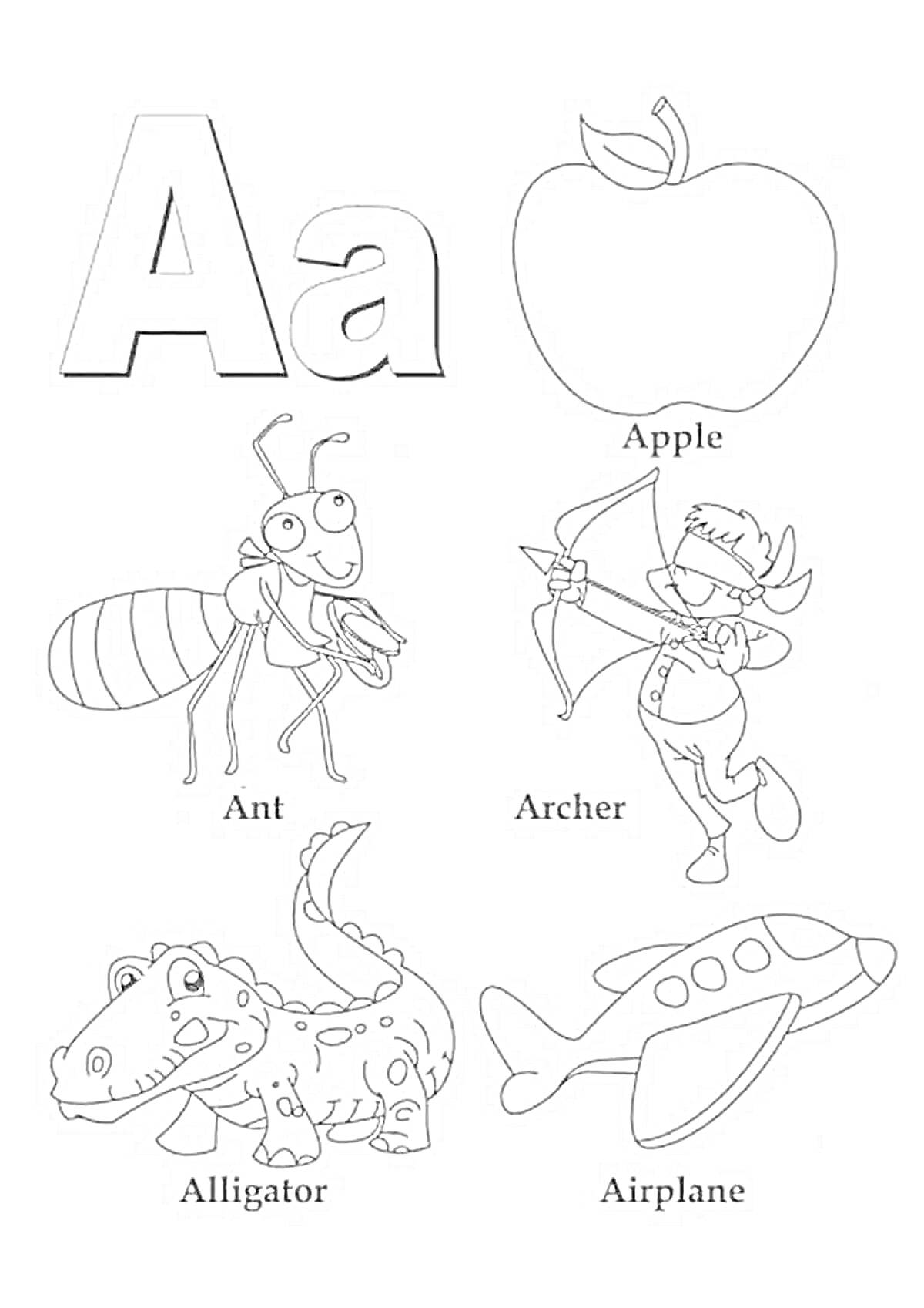 На раскраске изображено: Алфавит, Яблоко, Муравей, Лучник, Аллигатор, Английский язык