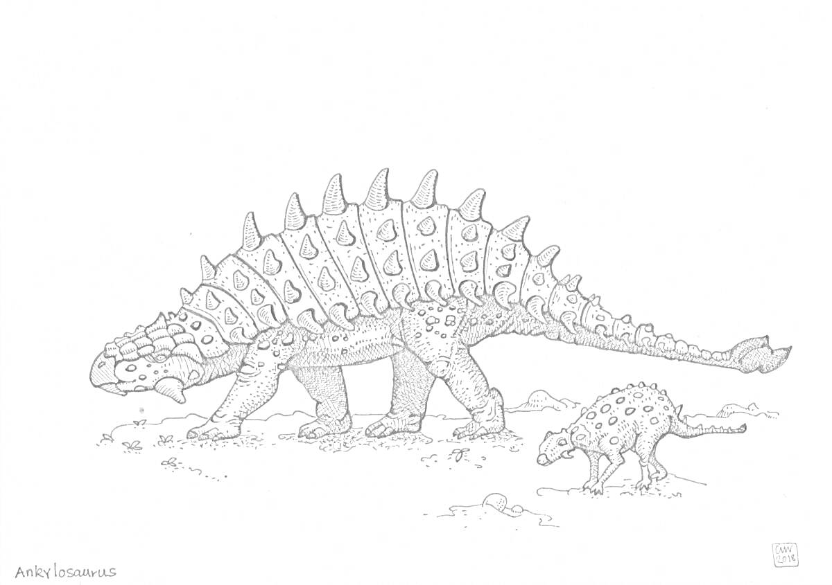 Раскраска Анкилозавр с детенышем среди камней