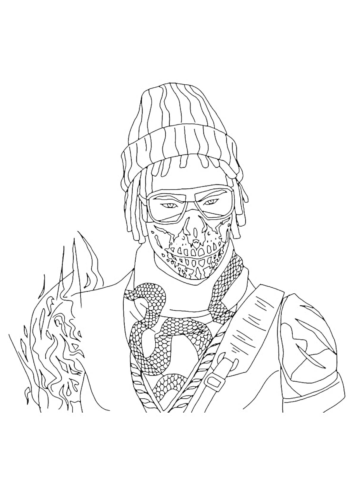 Раскраска Персонаж в зимней шапке с косичками, солнцезащитными очками и маской с рисунком черепа, снаряженный в боевую экипировку, правая рука с огненным эффектом