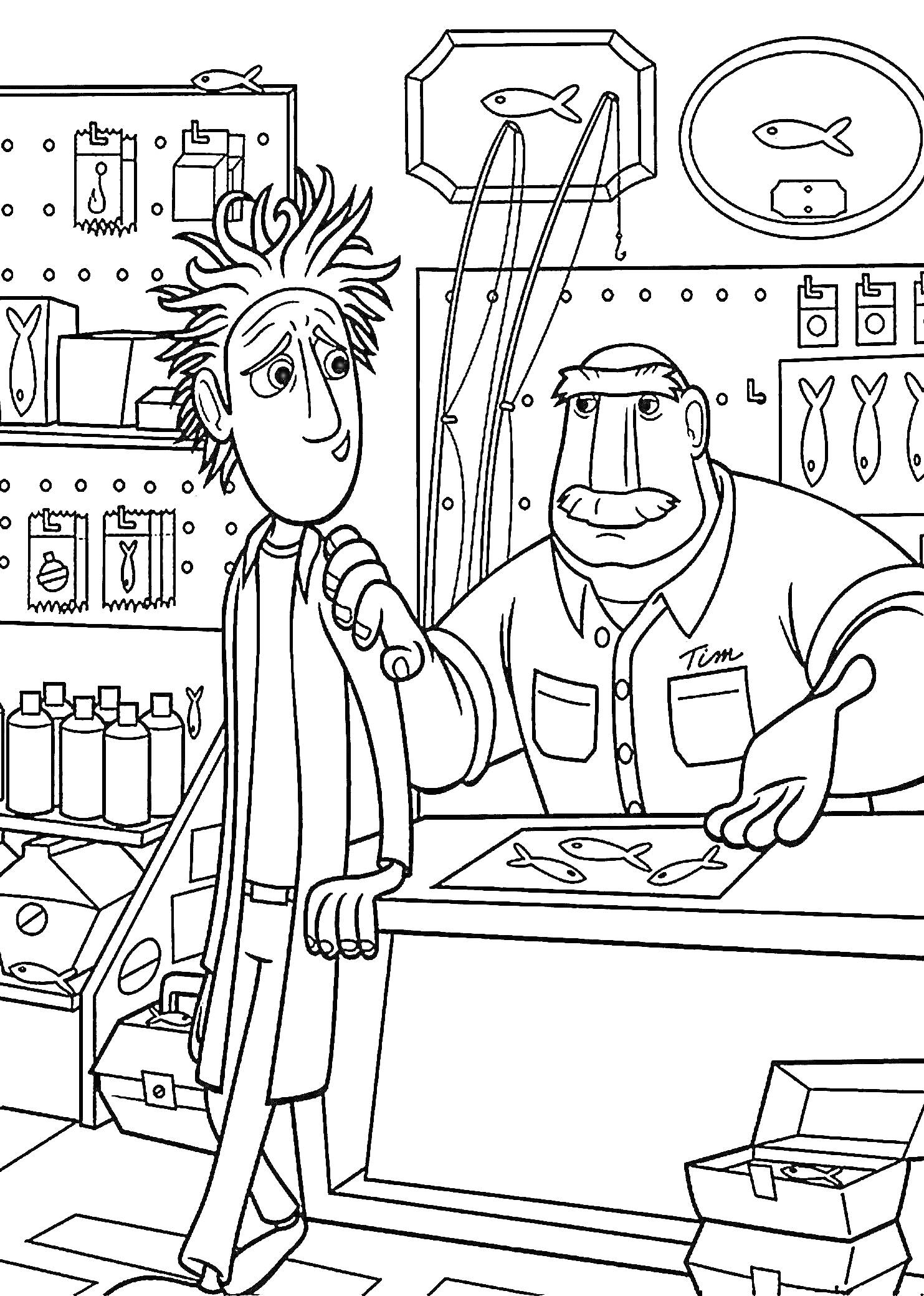 В магазине рыболовных товаров - двое персонажей, полка с аксессуарами, банки на прилавке, рисунок рыбы на стене, коробки на полу