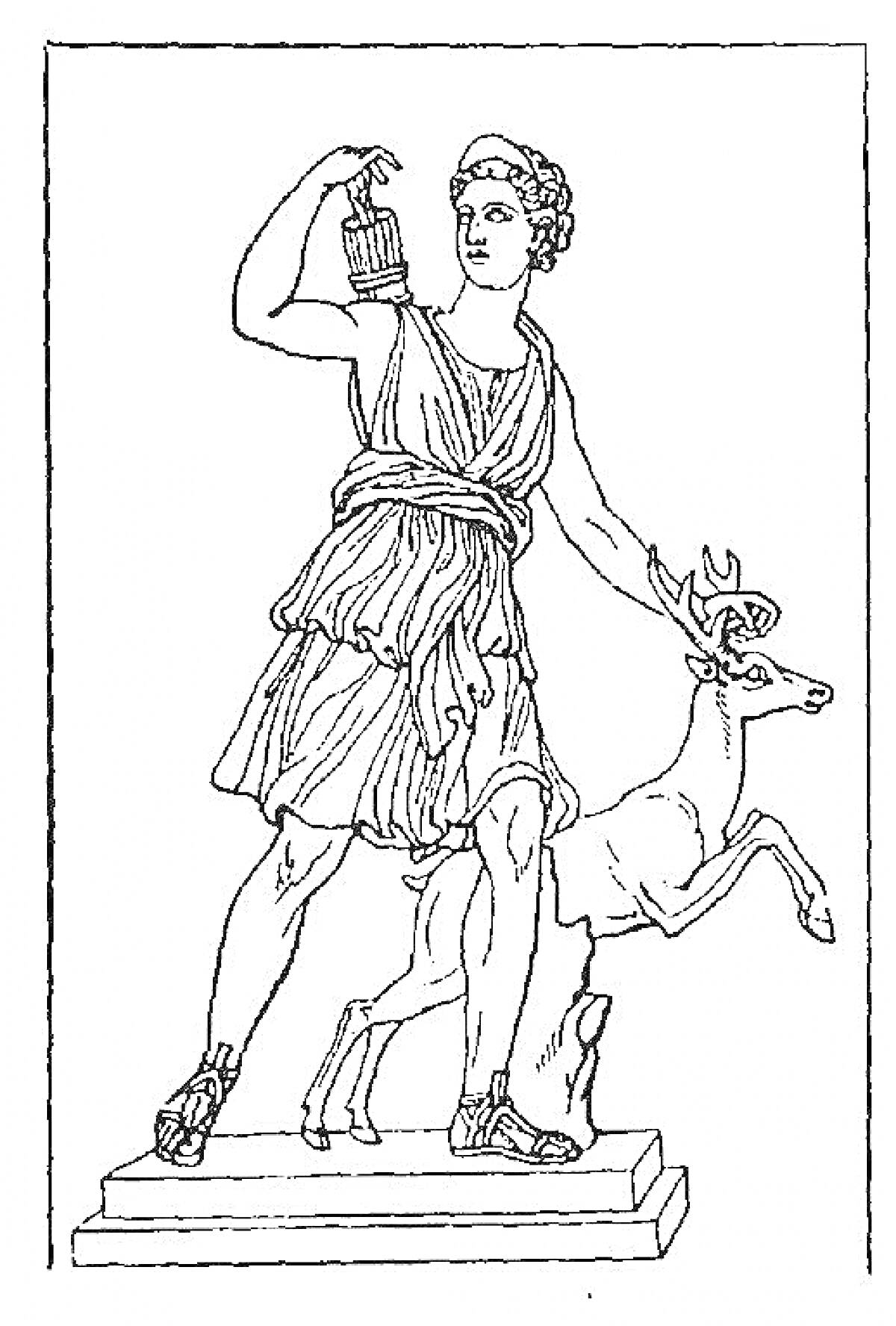 На раскраске изображено: Артемида, Олень, Пьедестал, Древняя Греция, Богиня, Охота, Античное искусство, Мифические существа