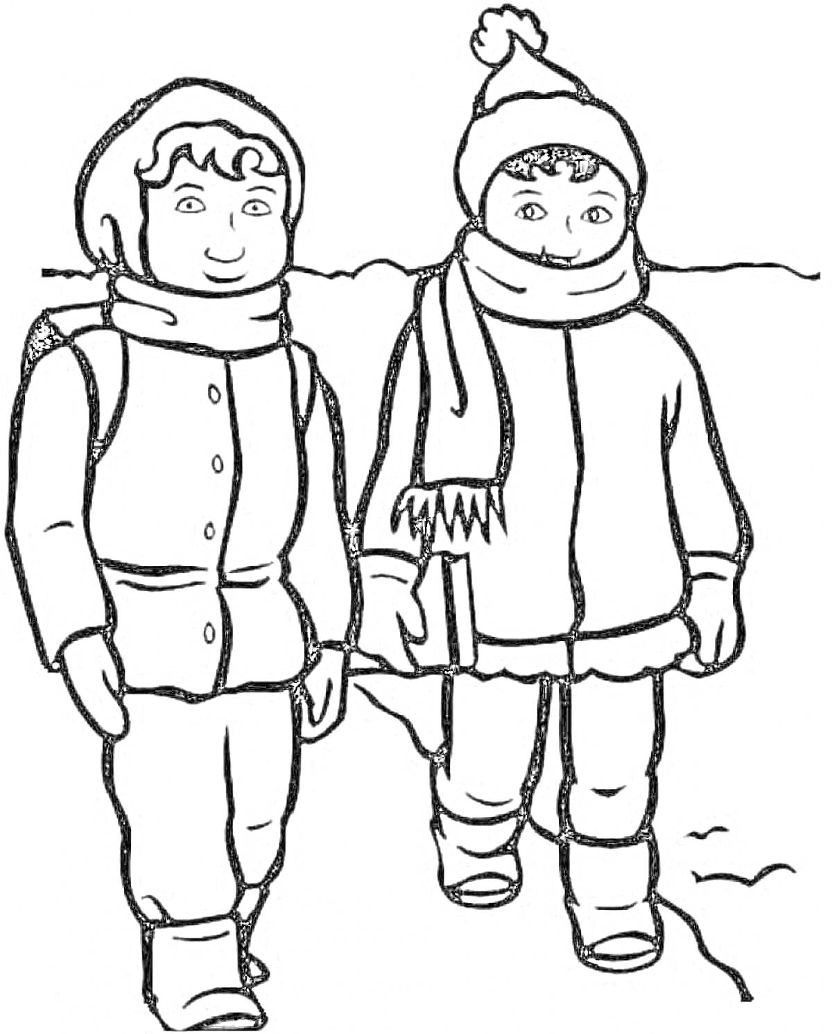Раскраска Двое детей в зимней одежде (шапки, шарфы, куртки, штаны, сапоги), идущие по снегу