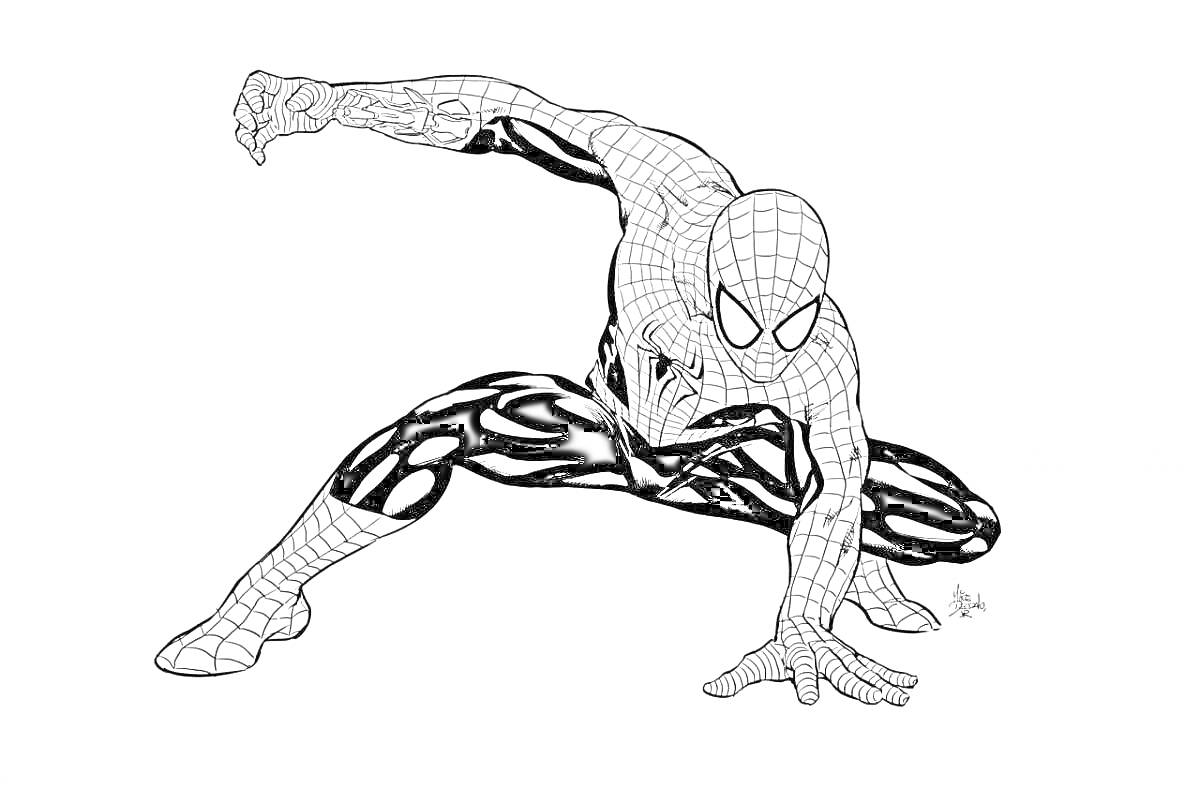 Раскраска Человек-паук в боевой позе с вытянутой рукой и согнутой другой рукой, детализированный костюм.