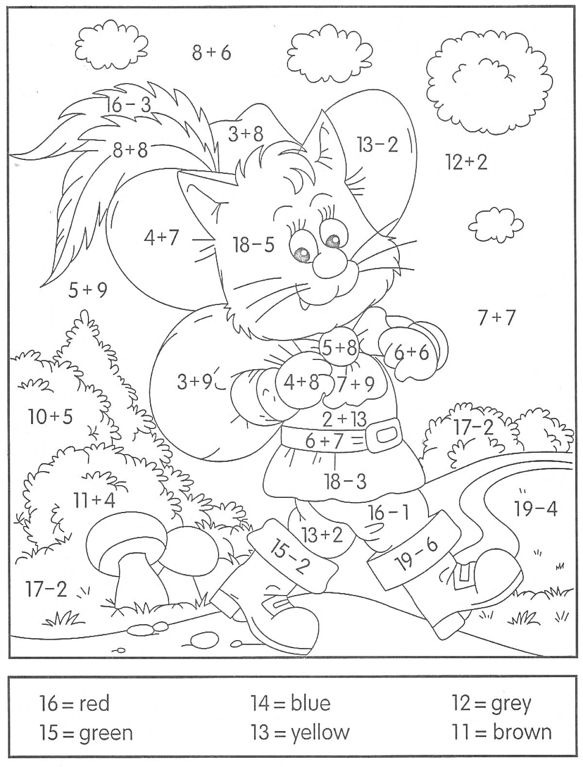 На раскраске изображено: Математика, По номерам, Кот, Сапоги, Деревья, Грибы, Облака, Обучение