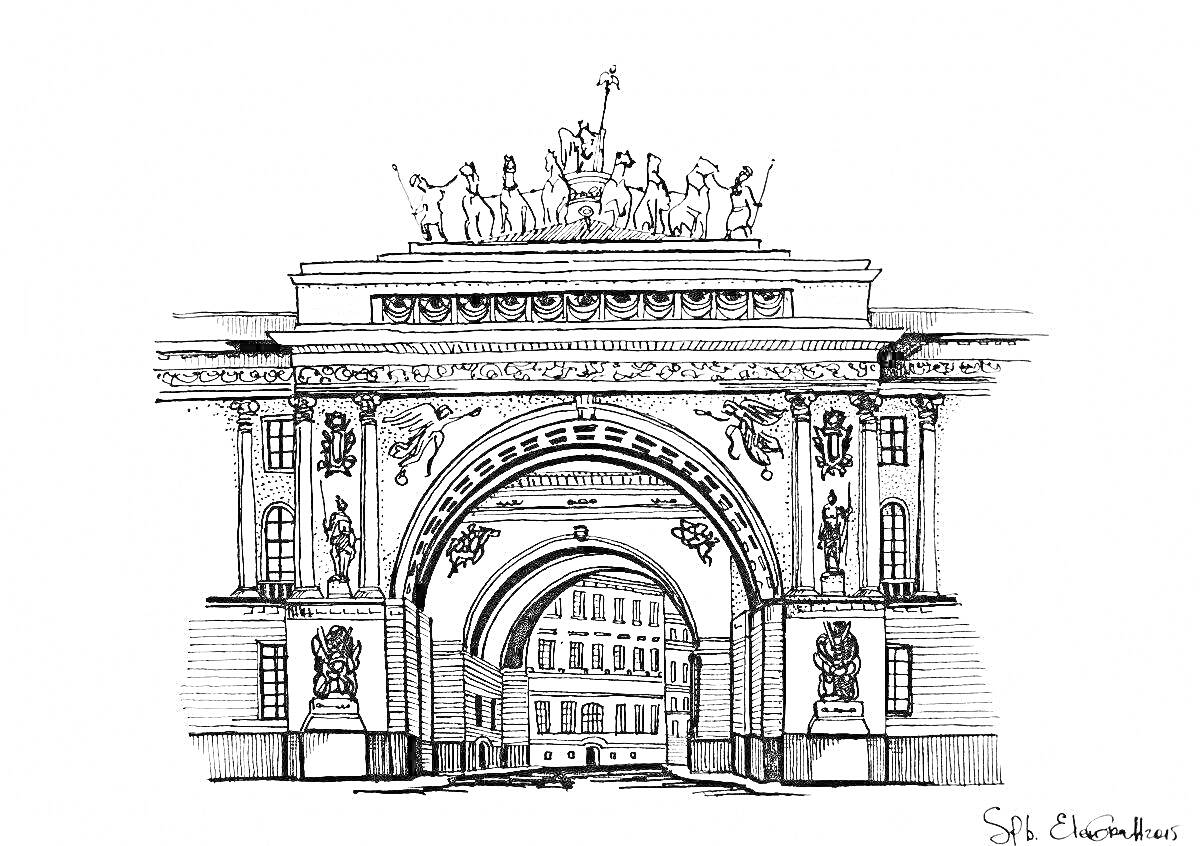 Раскраска Триумфальная арка Главного штаба с колоннами и скульптурами на крыше, Эрмитаж, Санкт-Петербург