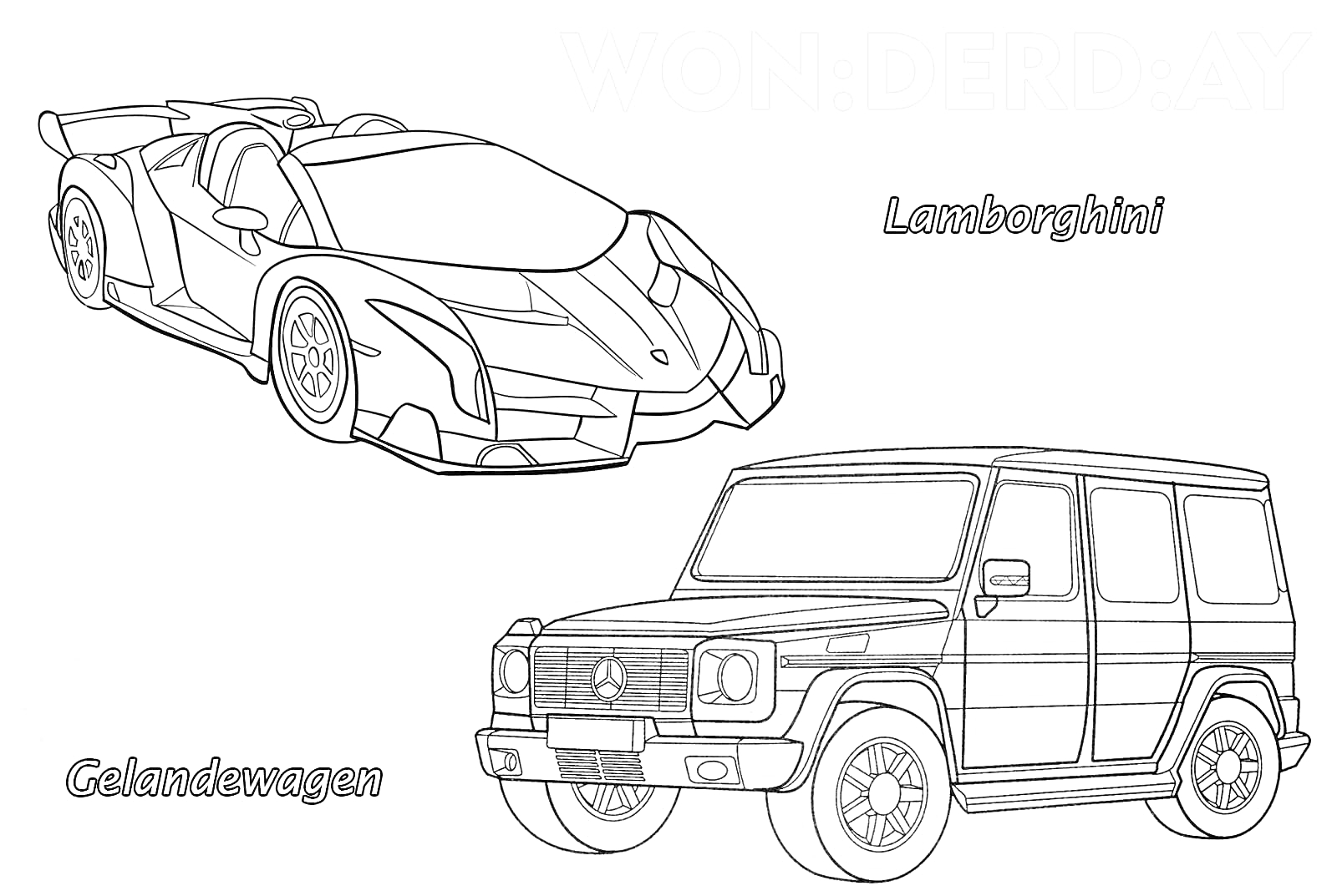 На раскраске изображено: Спорткар, Внедорожник, Lamborghini