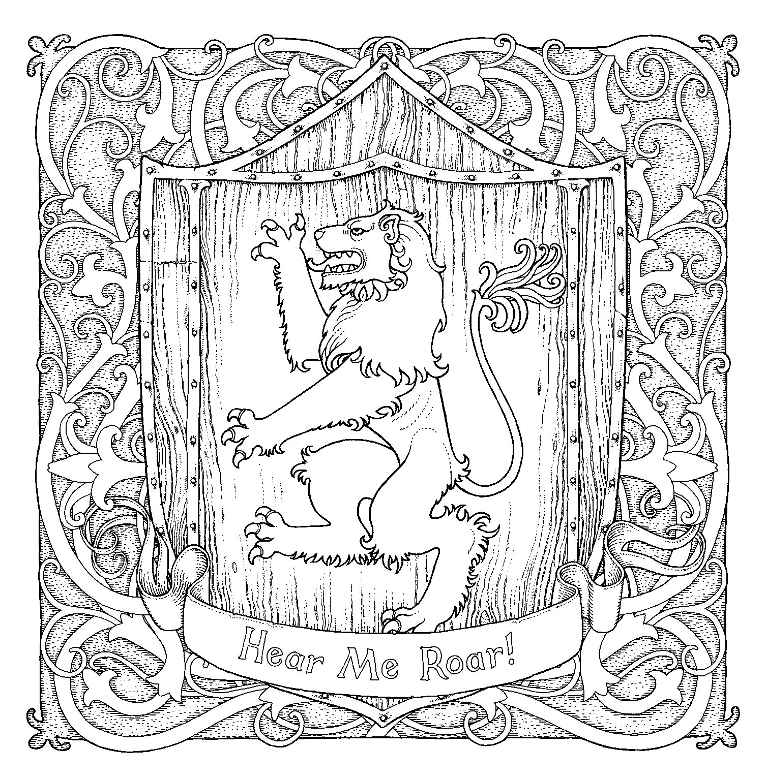 Раскраска Герб дома Ланнистеров - щит, держащийся на задних лапах лев, деревянный фон, декоративная рамка, лента с надписью 