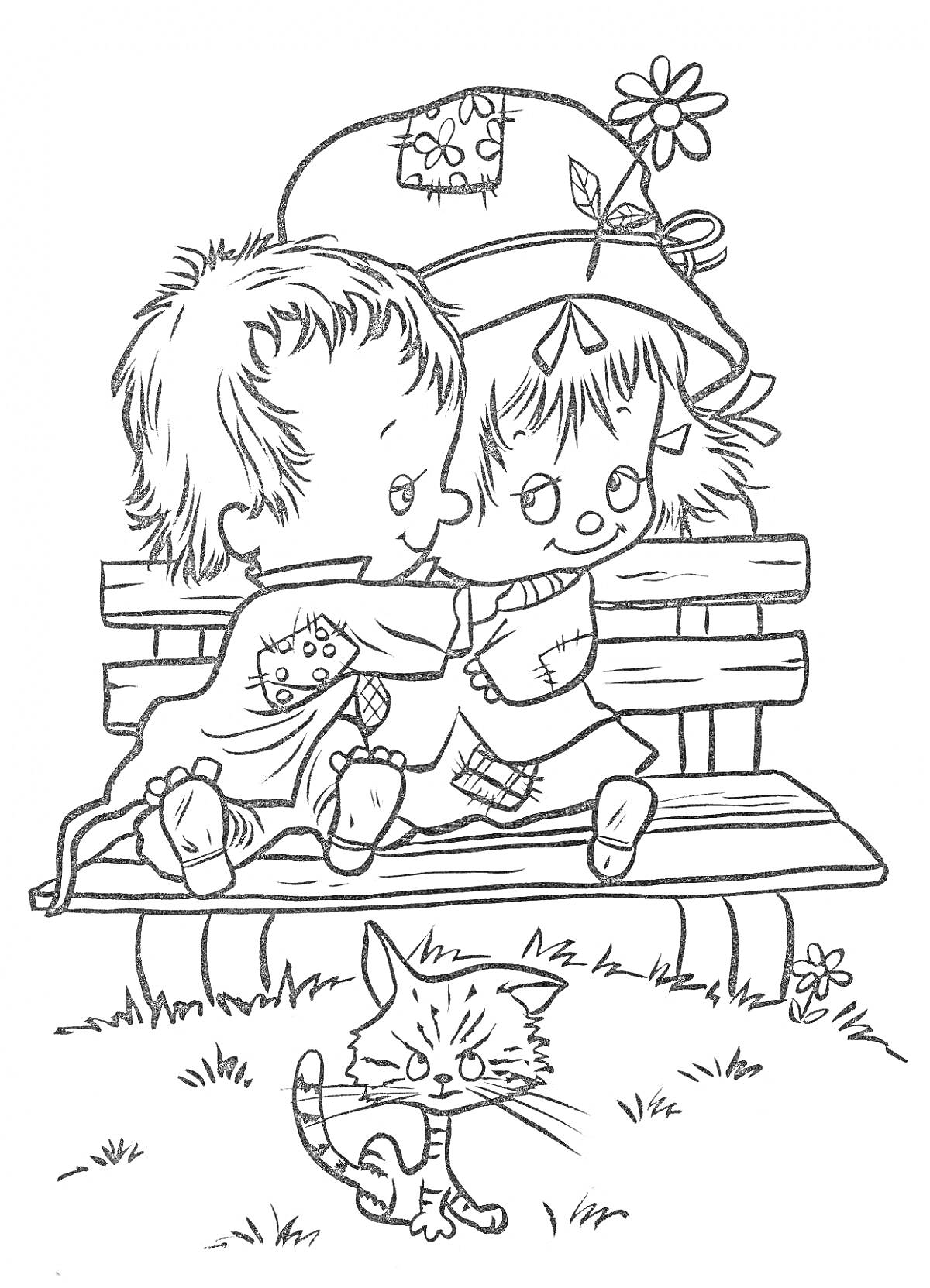 На раскраске изображено: Мальчик, Девочка, Игра, Шапка, Цветы, Трава, Одежда, Дружба