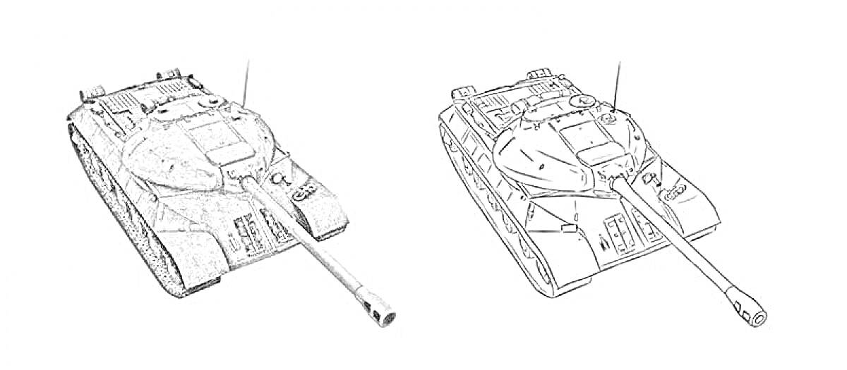 Раскраска Танк ИС-7 с пушкой и гусеницами, вид сверху и сбоку