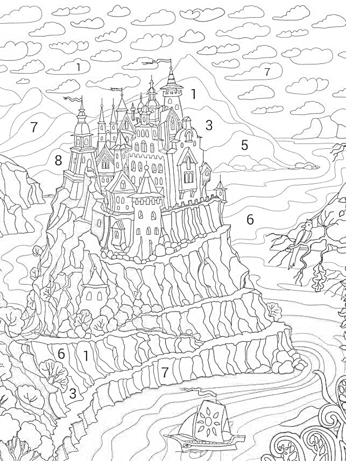 На раскраске изображено: Замок, Море, Облака, Корабль, Деревья, Горы, Небо, Скалы
