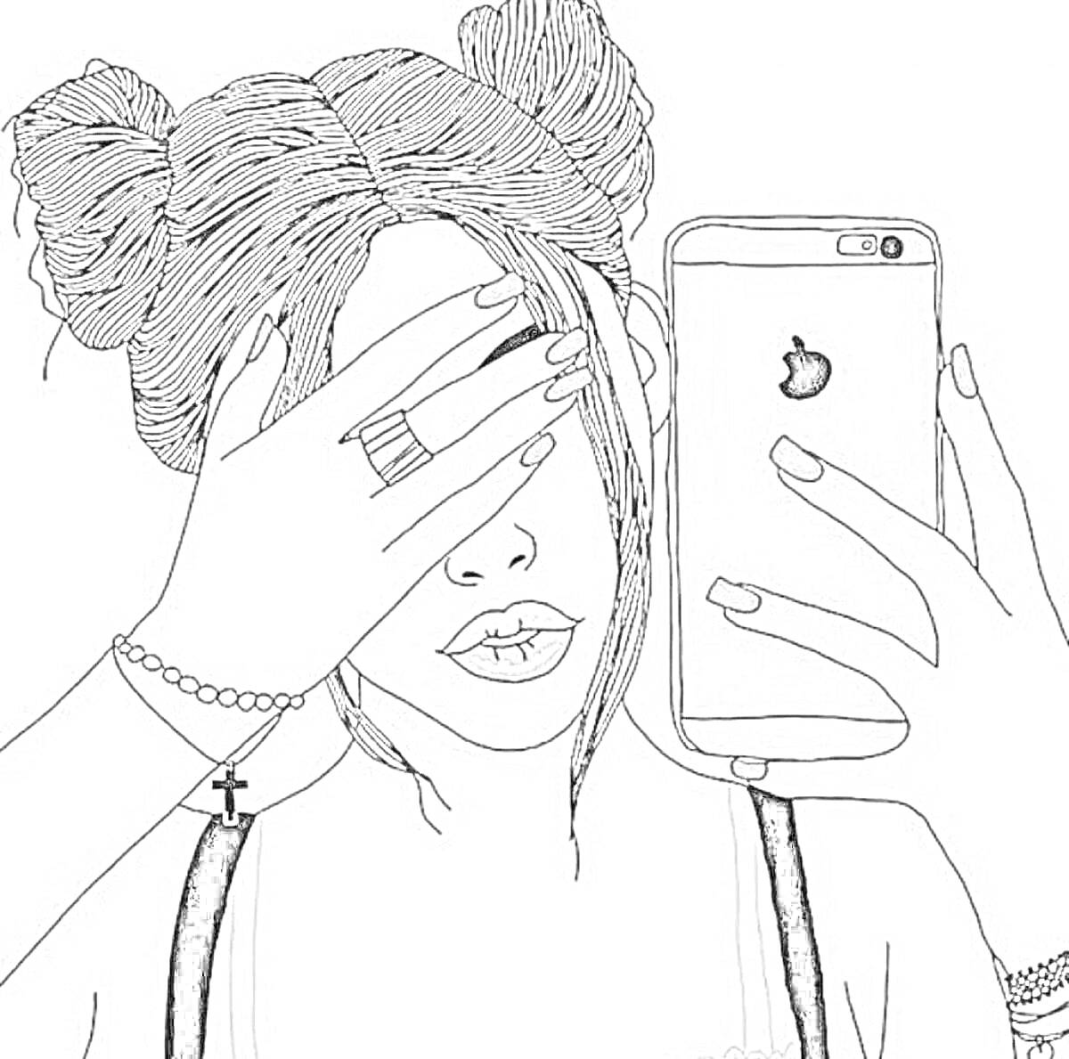 Раскраска Девушка с двумя пучками, кольцом, крестиком-цепочкой и айфоном делает селфи