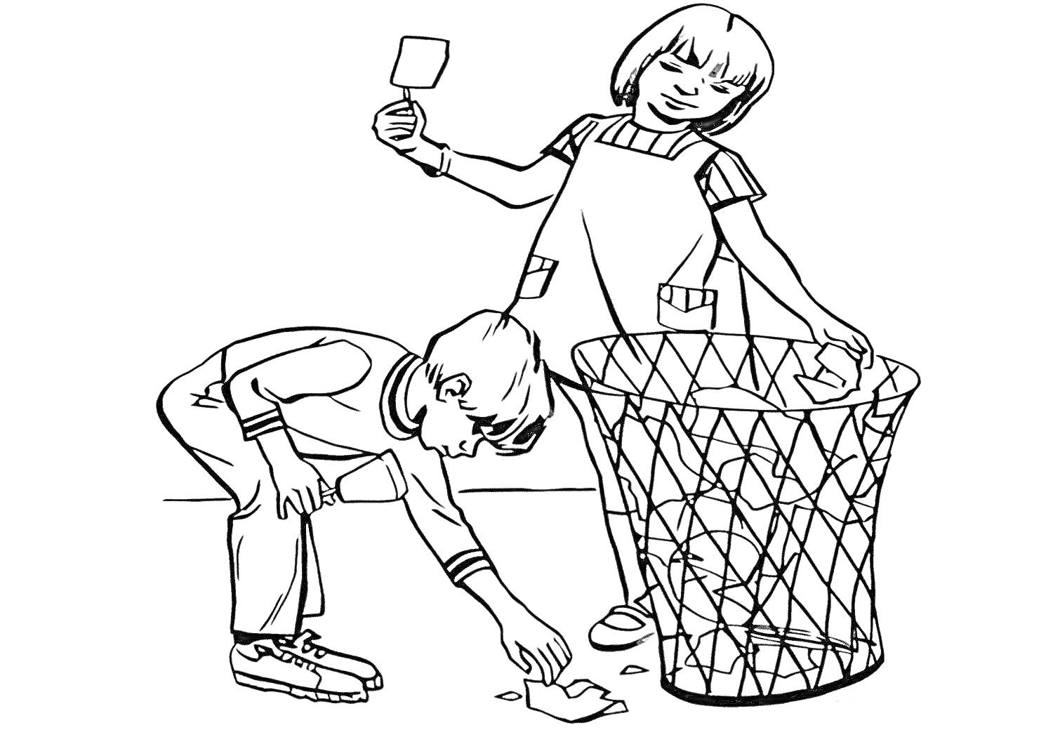 Дети собирают мусор в корзину
