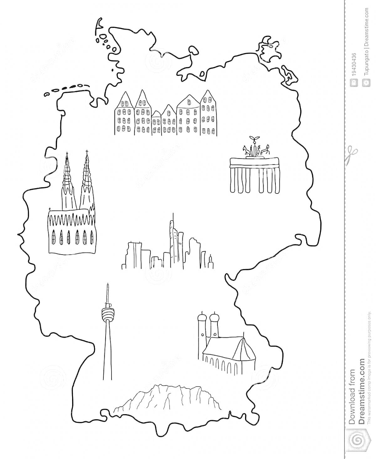 На раскраске изображено: Германия, Карта, Достопримечательности, Бранденбургские ворота
