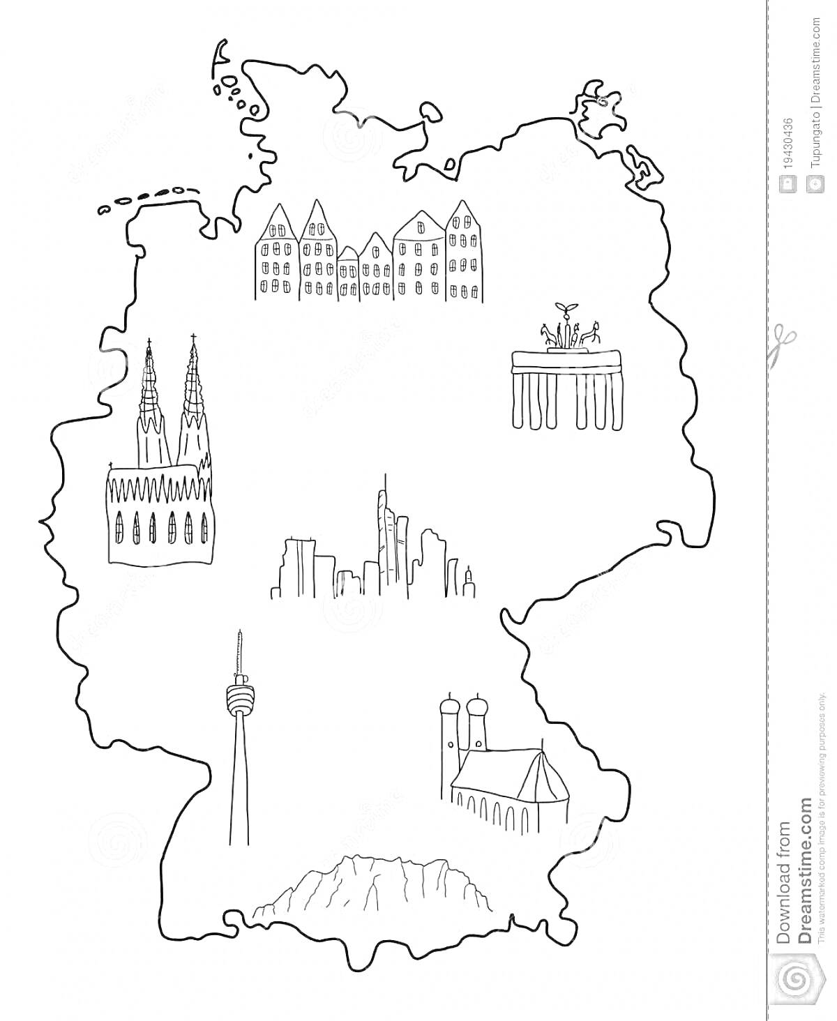 Раскраска Контурная карта Германии с достопримечательностями, Кёльнский собор, Рёмер, Бранденбургские ворота, Мюнхенская телевышка, городской пейзаж, телевизионная башня со Штутгартом, Альпы