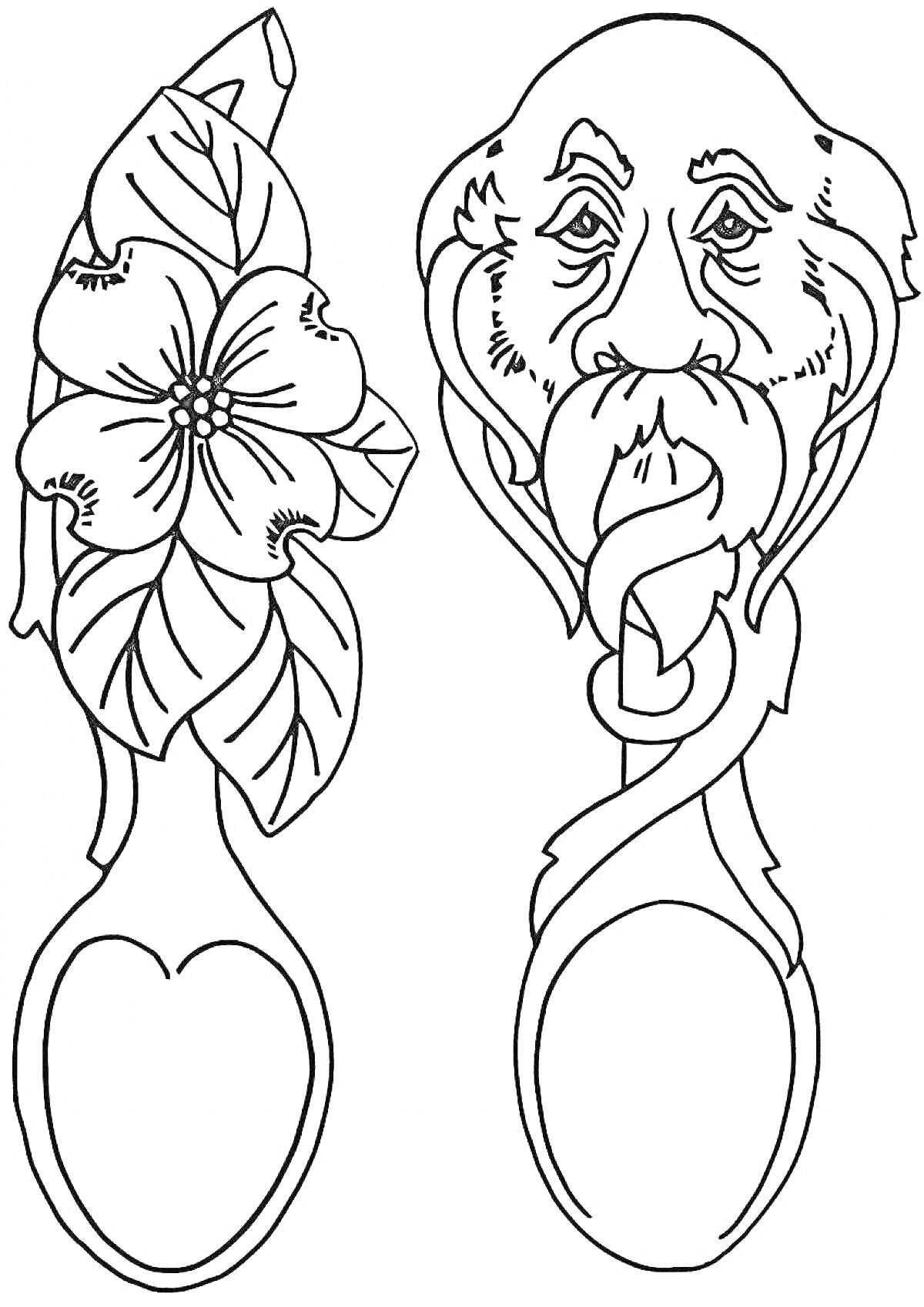 Раскраска деревянные ложки с цветком и лицом старика