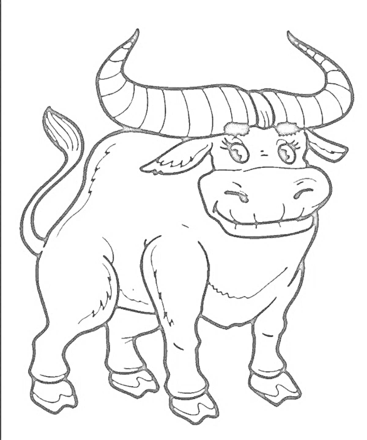 Раскраска Веселый бык с большими рогами и курчавым хвостом