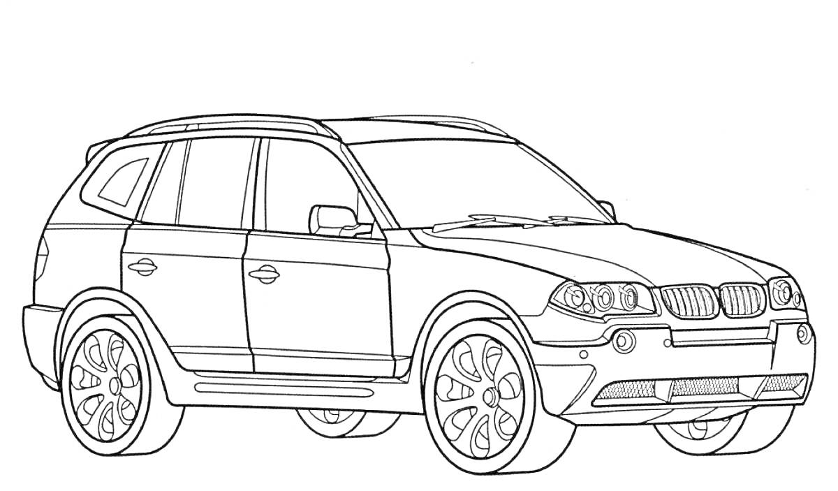 На раскраске изображено: BMW, Машины, Колеса, Фары, Бампер, Радиаторная решетка, Зеркало, Дверь, Авто