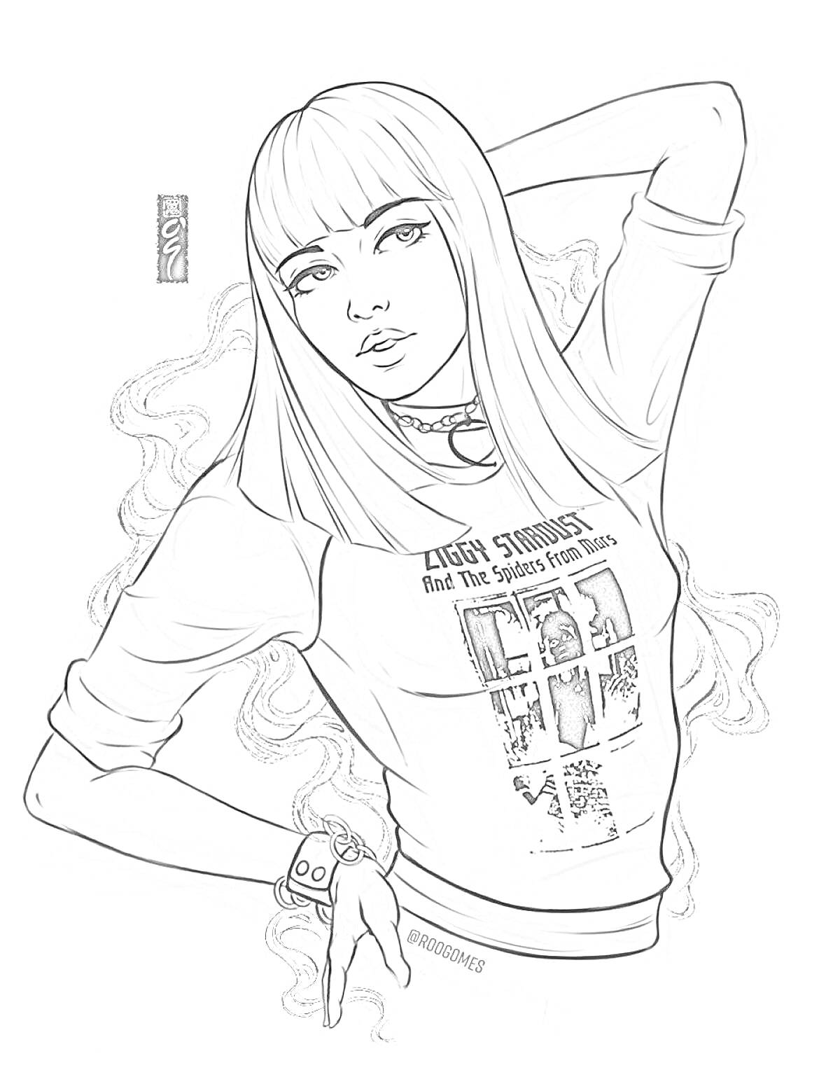 Раскраска Девушка с длинными волосами и челкой в футболке с надписью 