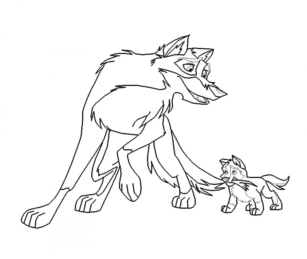 Раскраска Балто и щенок - два персонажа: один взрослый, другой маленький, стоят рядом.