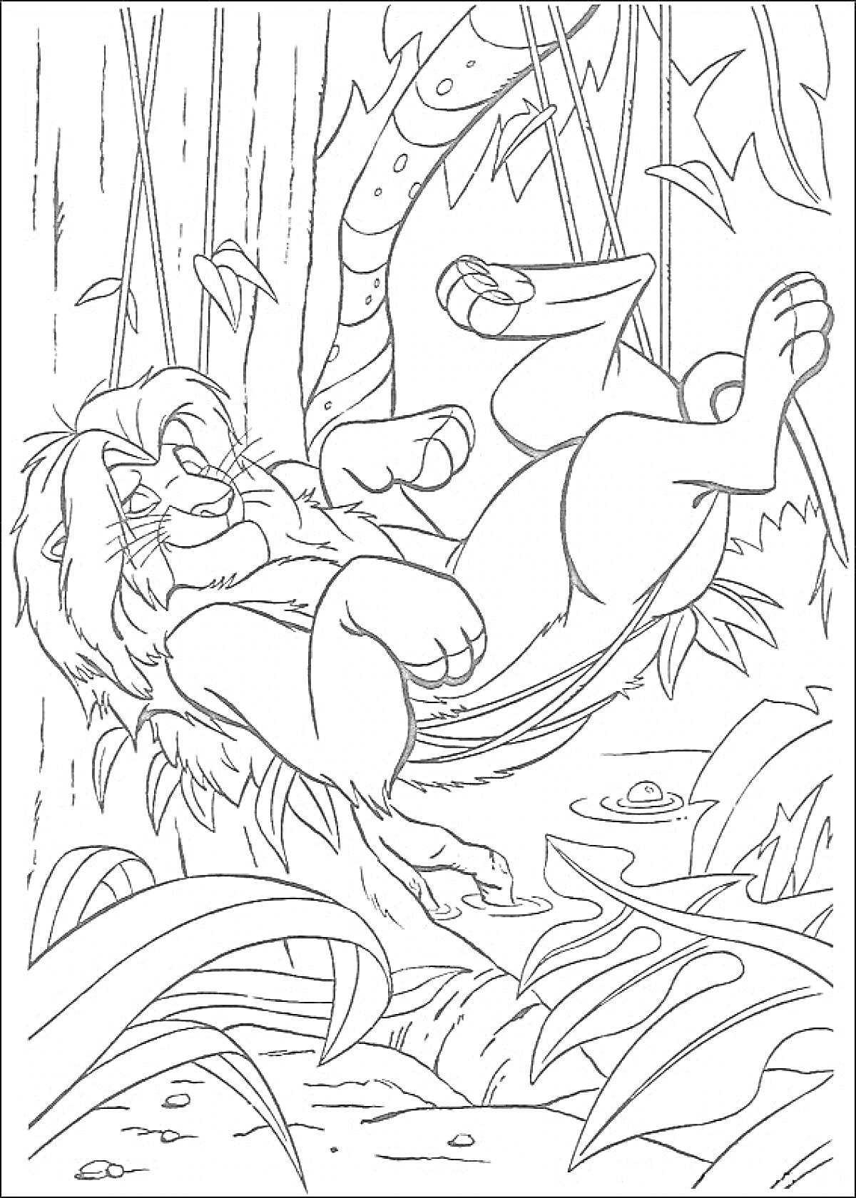 Раскраска Лев на гамаке посреди джунглей