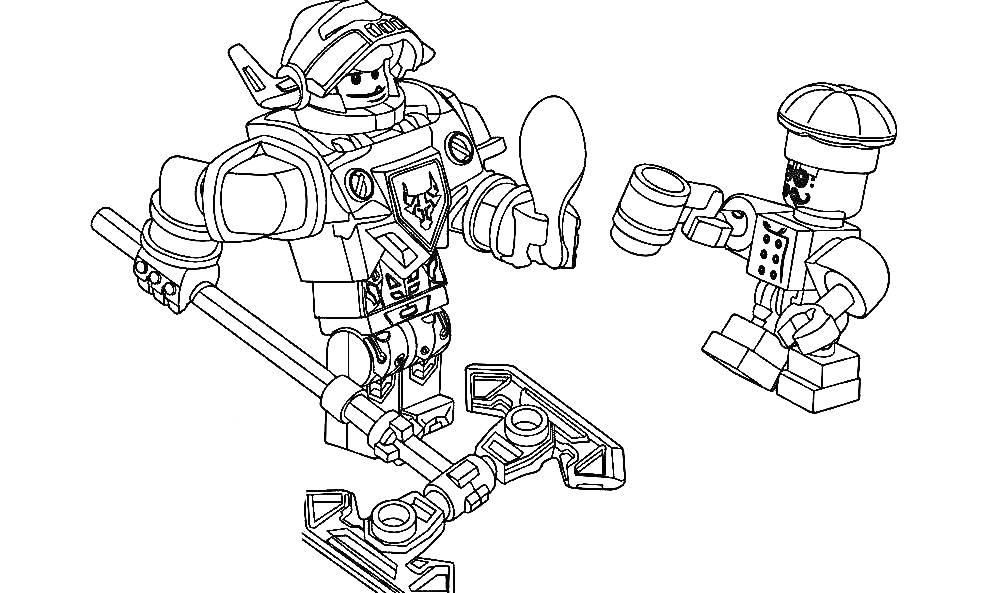 Раскраска Лего Нексо Найтс - рыцарь в доспехах с ложкой и другой фигуркой с кружкой