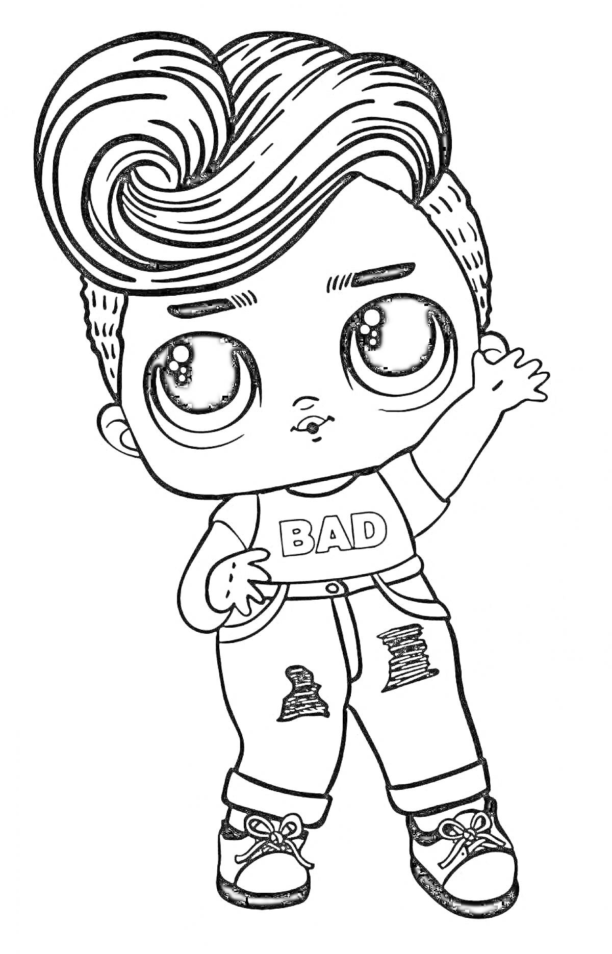 Раскраска Мальчик кукла ЛОЛ с надписью BAD на футболке, джинсами с дырами и волнистыми волосами