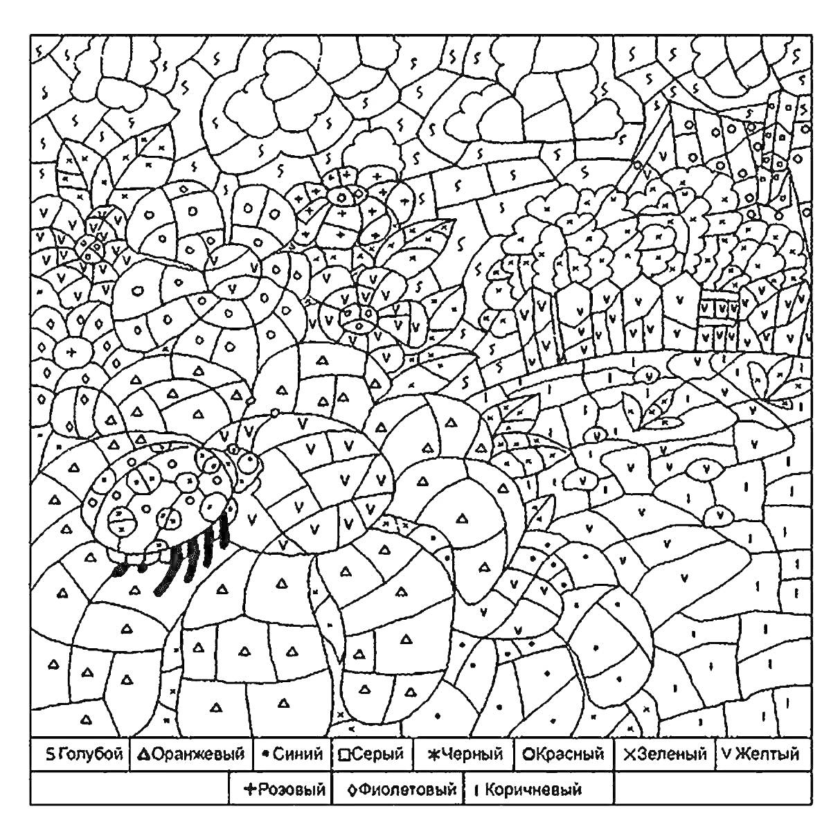 РаскраскаБожья коровка в цветочном саду. Виден куст с бабочкой и домики вдалеке.
