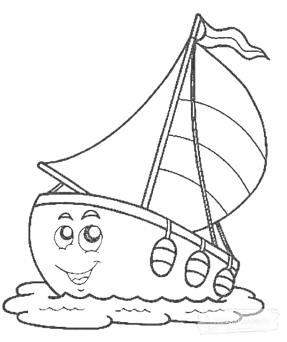 Раскраска Кораблик с улыбающимся лицом на волнах