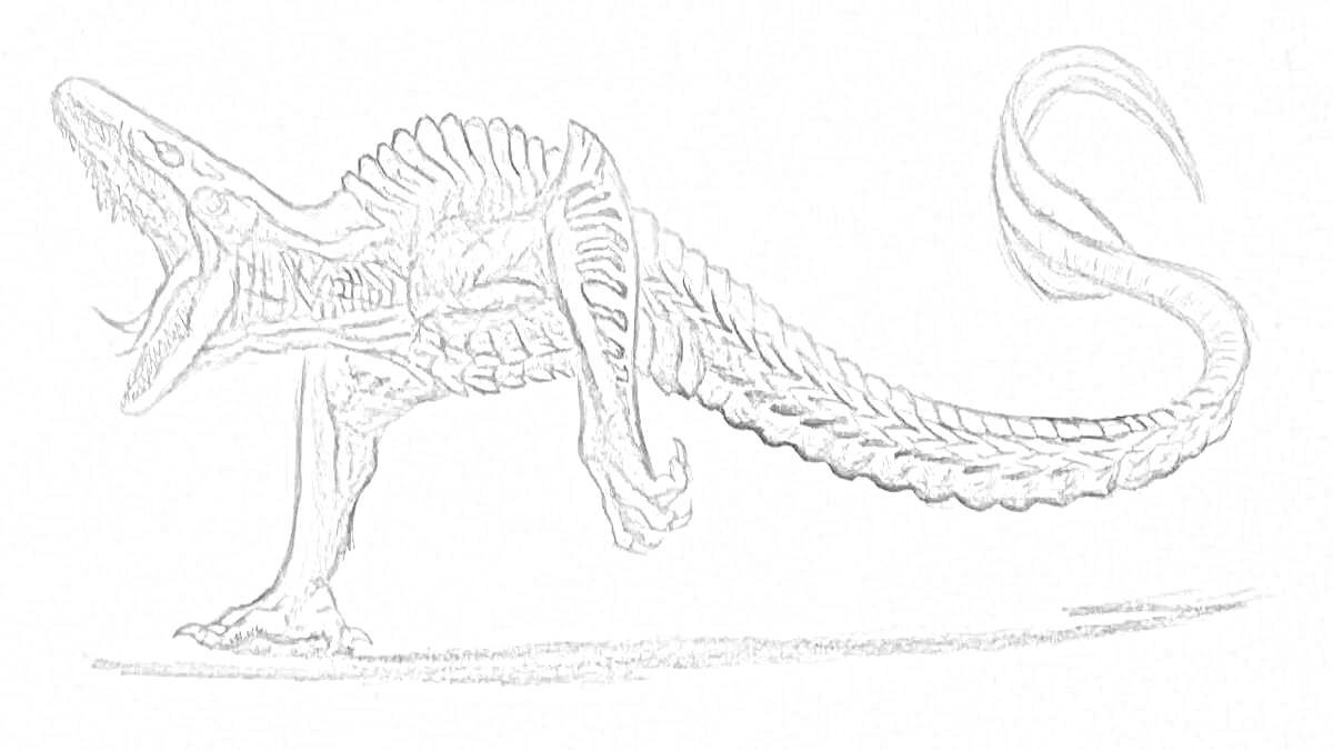 Раскраска Чёрно-белый черепозавр с длинным хвостом и открытой пастью