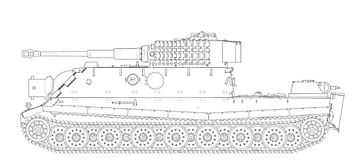На раскраске изображено: Танк, Военная техника, Гусеницы, Пушка, Детали, Бронетехника