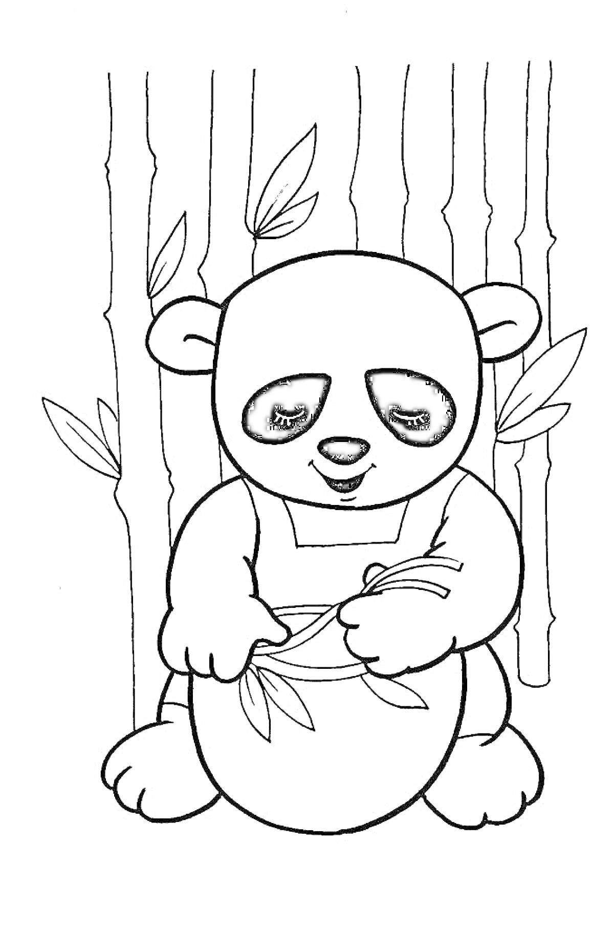 Раскраска Панда с ведёрком и бамбуком на фоне