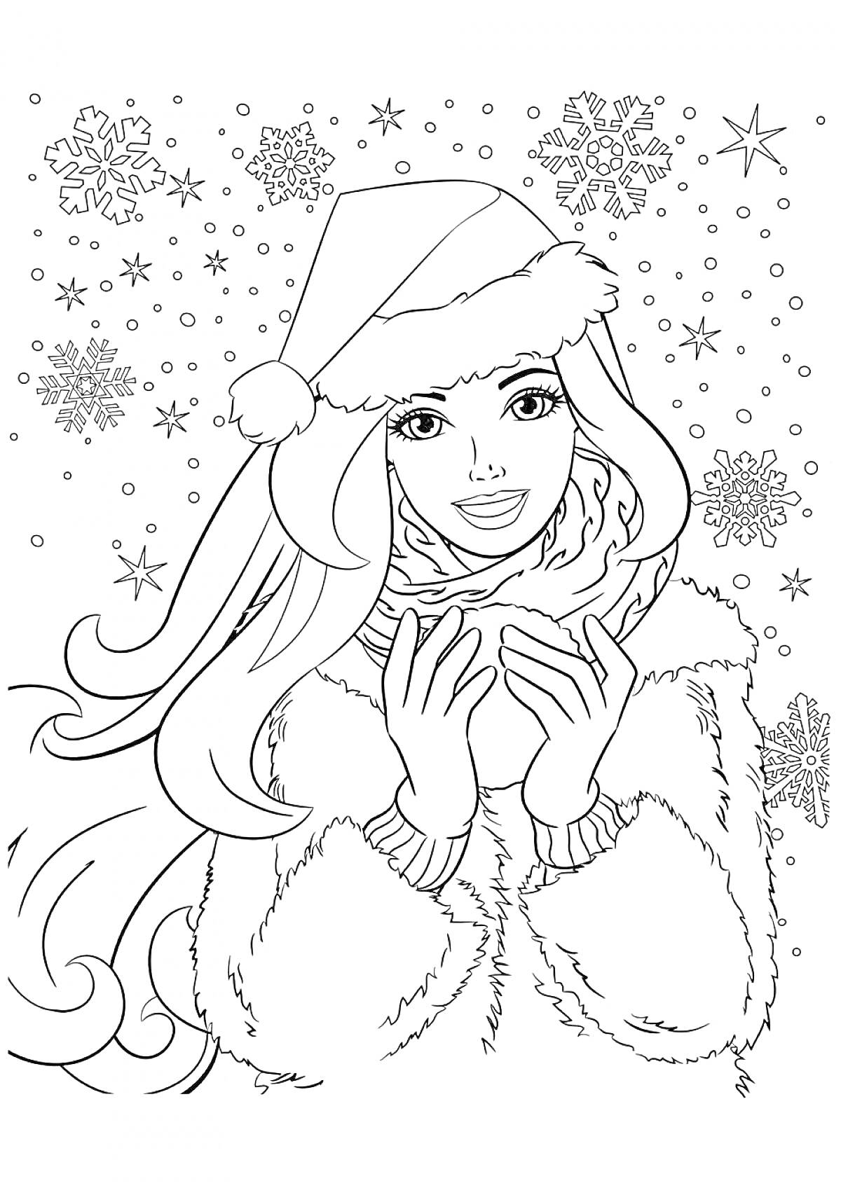 На раскраске изображено: Девочка, Шапка Санты, Снежинки, Зимняя одежда, Рукавицы, Зима