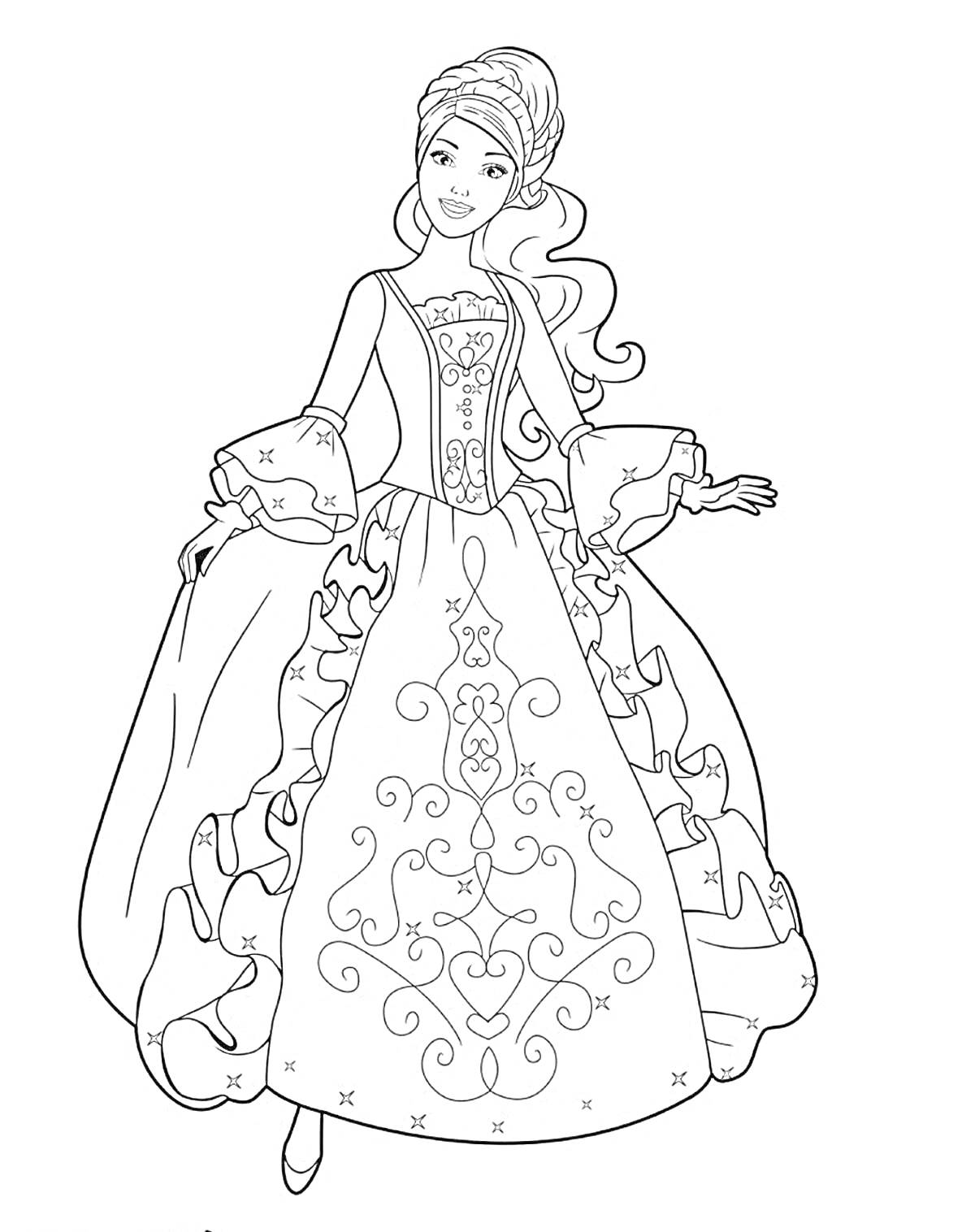 Раскраска Принцесса с распущенными волосами в пышном длинном платье с узорами.