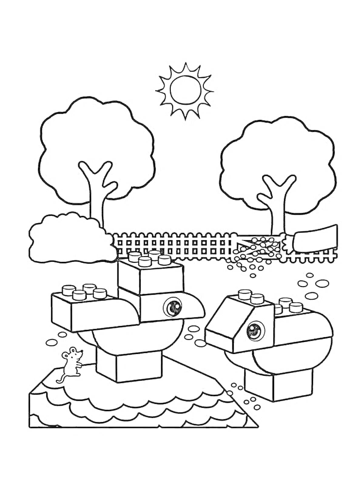 На раскраске изображено: Лего Дупло, Уточки, Озеро, Забор, Деревья, Солнце, Игрушки, Лего, Животные, Природа
