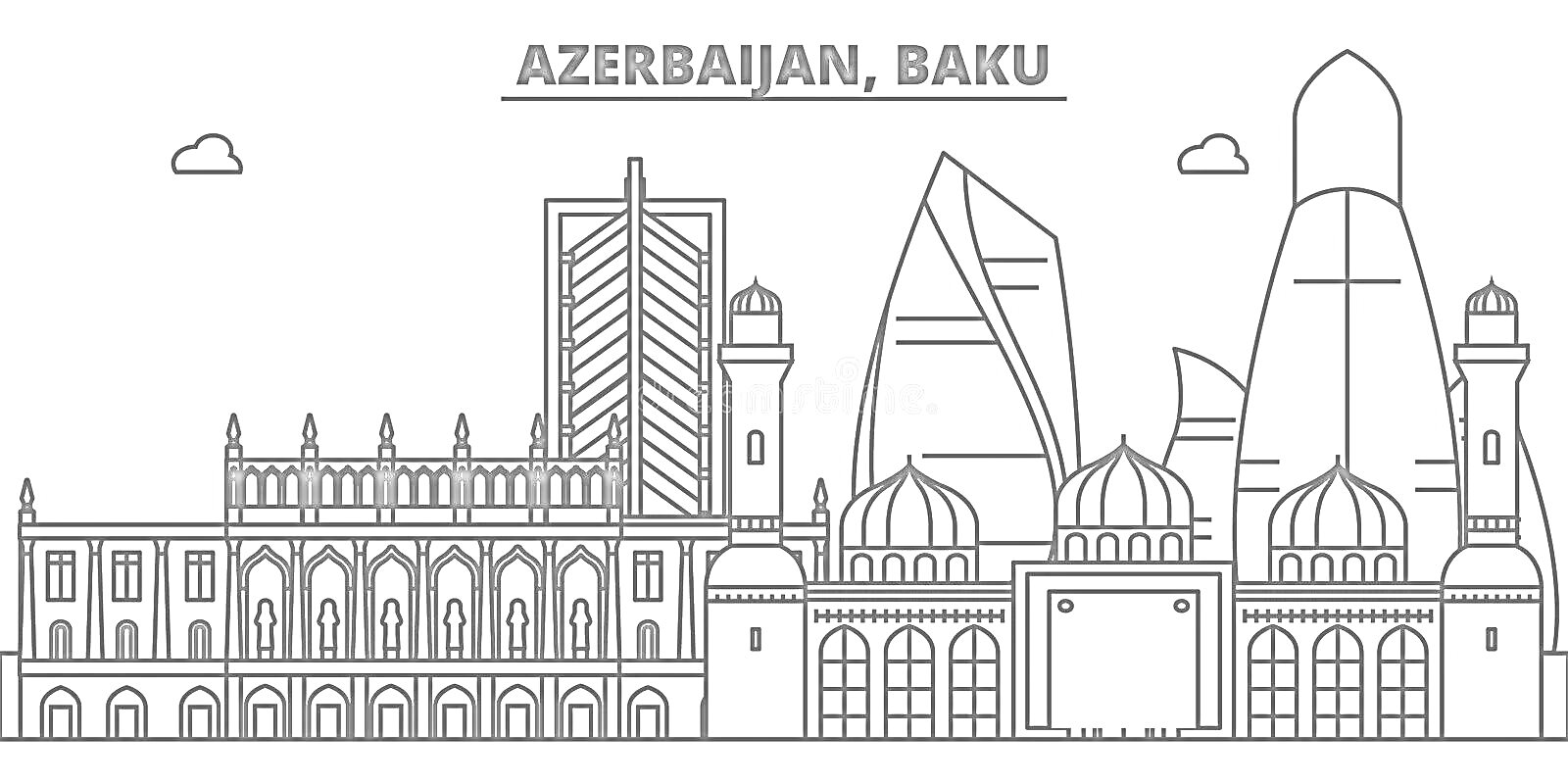 На раскраске изображено: Азербайджан, Архитектура, Достопримечательности, Небоскребы, Здания, Городской пейзаж