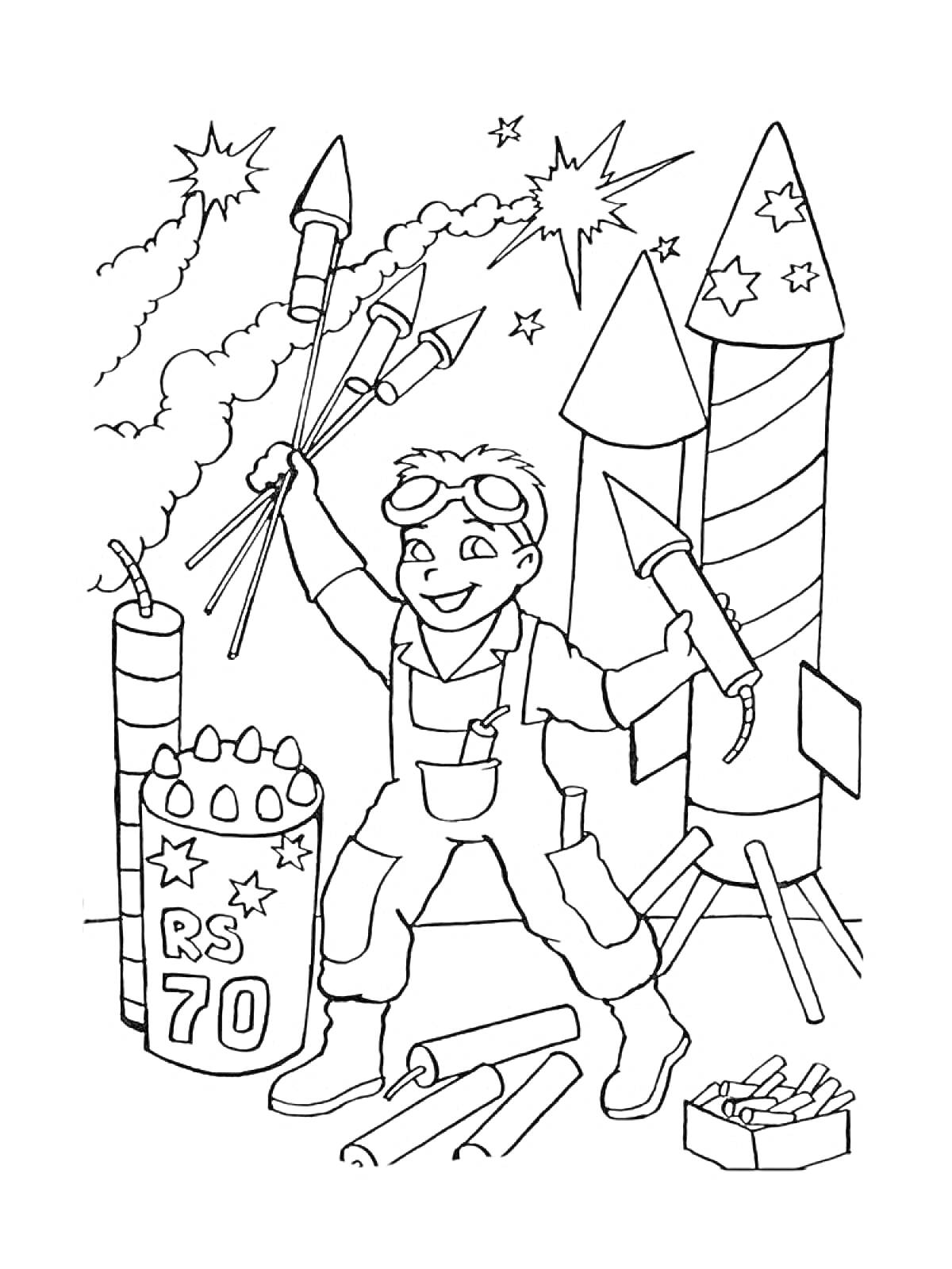 Раскраска Мальчик с фейерверками в защитных очках и костюме среди ракет и петард, фейерверки в небе
