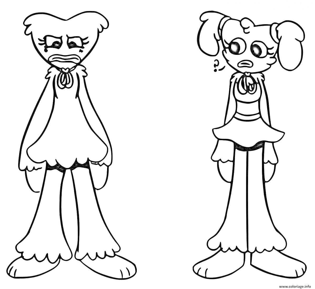 Раскраска Два персонажа кисси мисси с бантиками, один из которых смотрит вперед, а другой в сторону