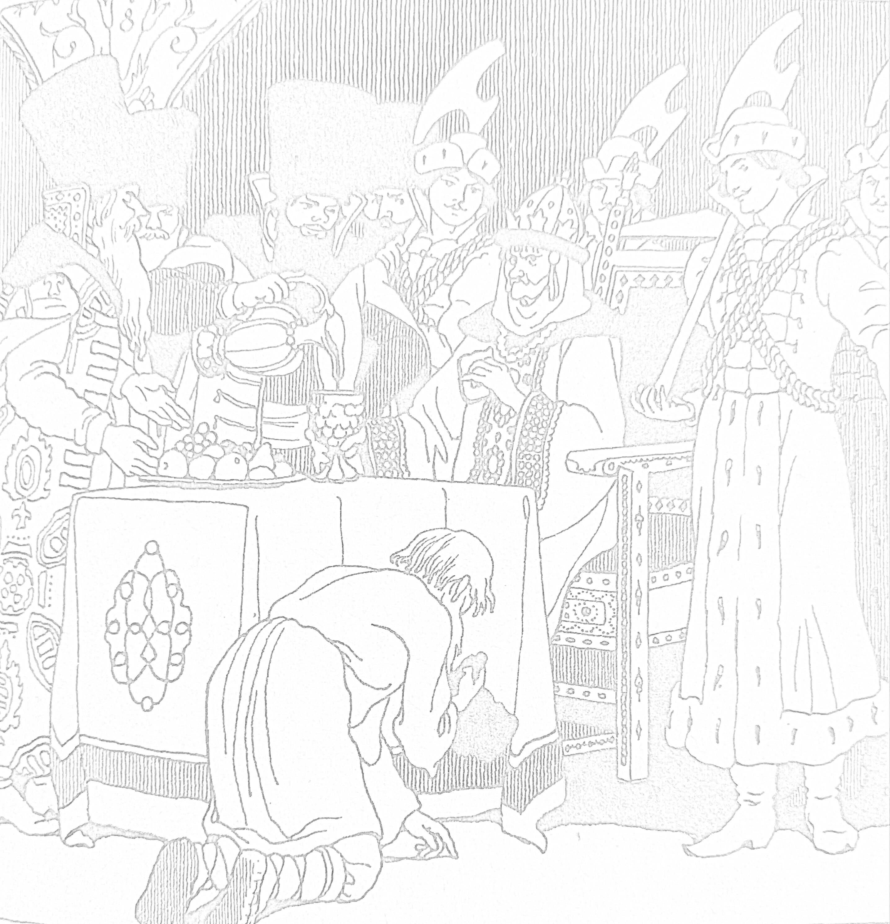 На раскраске изображено: Пир, Традиционные одежды, Коленопреклонение, Исторический костюм, Стол, Еда, Князь