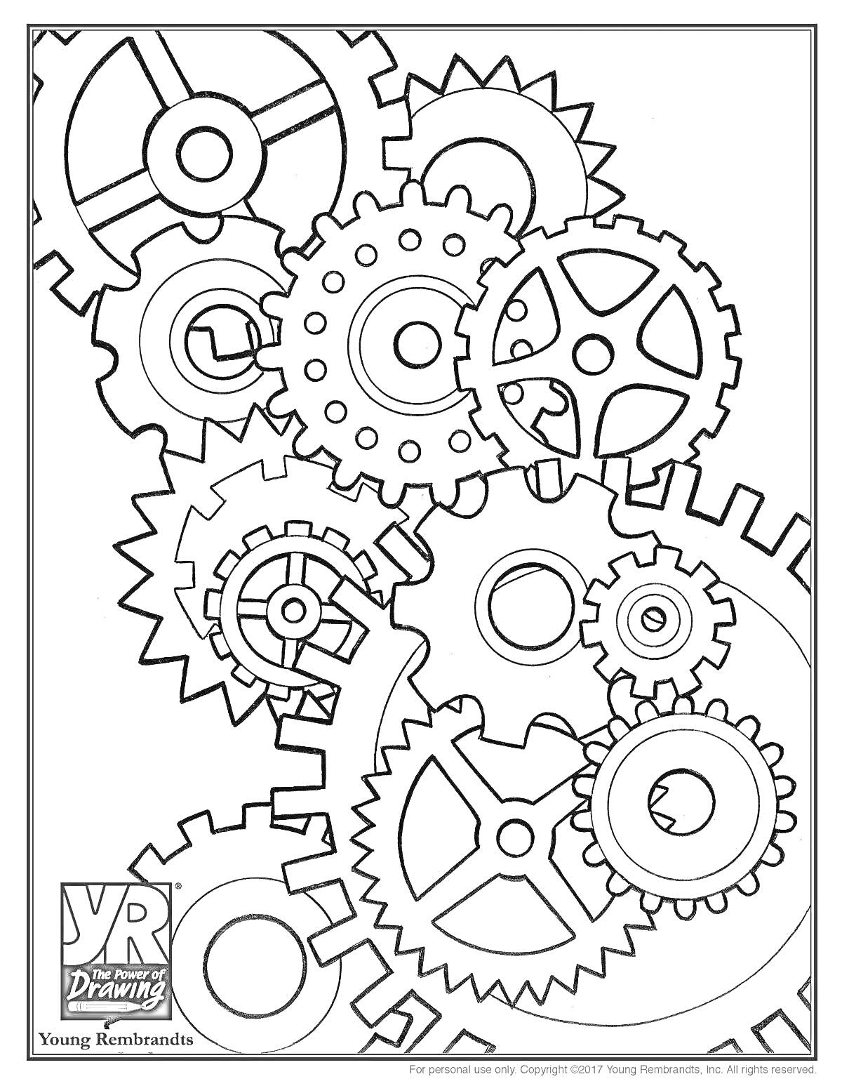 На раскраске изображено: Шестеренки, Механизмы, Техника, Детали, Зубчатые колеса