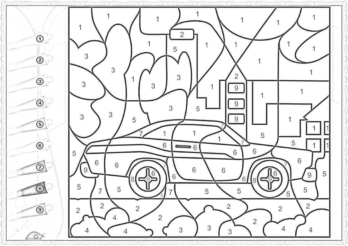 На раскраске изображено: По номерам, Спортивный автомобиль, Здания, Деревья, Мальчик, Авто
