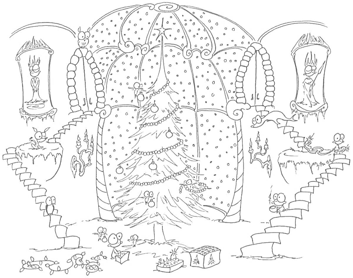 Раскраска Зал с ёлкой, украшениями и лестницами в рождественской атмосфере