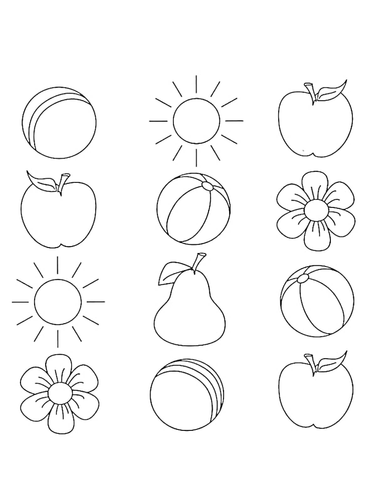 Раскраска Фрукты, цветы и солнце (груша, яблоко, мяч, цветок, солнце)